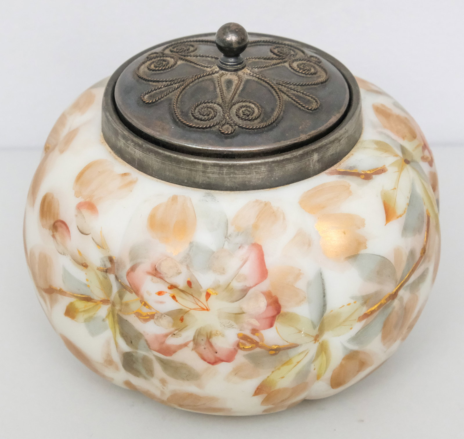 Antique Wavecrest Style Glass Dresser Box: With floral decor and silverplated lid. Unmarked. 6" x 7".