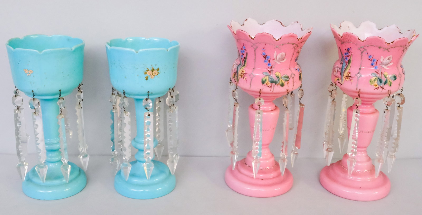 Two Pairs of Antique Bristol Glass Mantle Lustres: Comprising a pair in robins egg blue, and another in pink. 11 1/4" and 12 1/2".