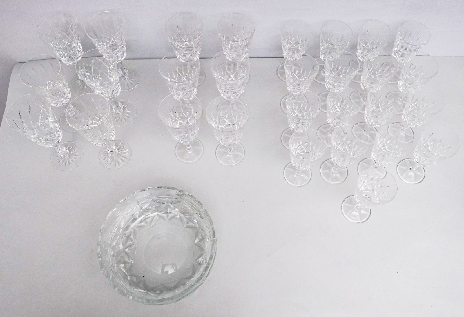 Set of Gorham "King Edward" Crystal Stemware: Comprising a set of (12) wine glasses and (6) water goblets. Together with a Royal Brierley bowl and a group of chipped Galway glass.