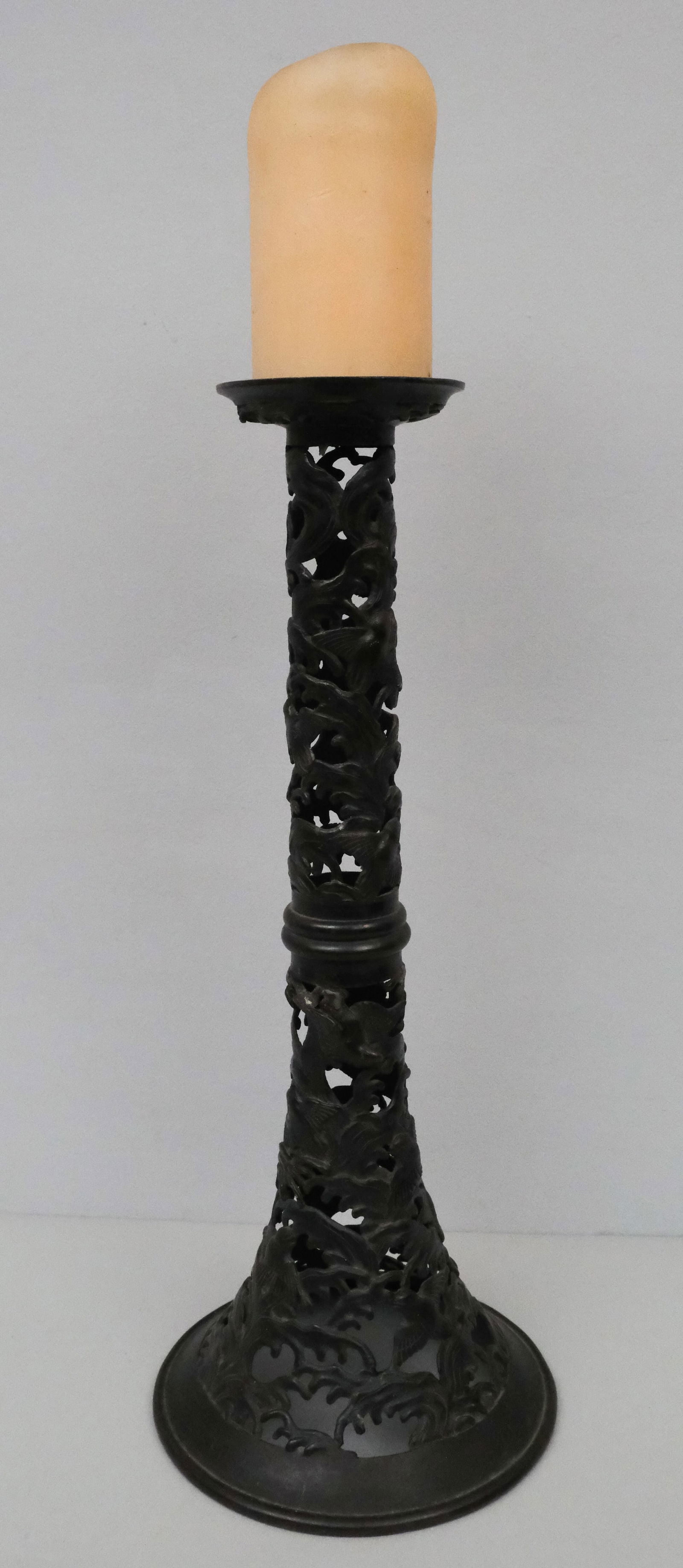 Chinese Bronze Large Candlestick or Lamp Base: Reticulated body with 1,000 bird motif. 19 1/4".