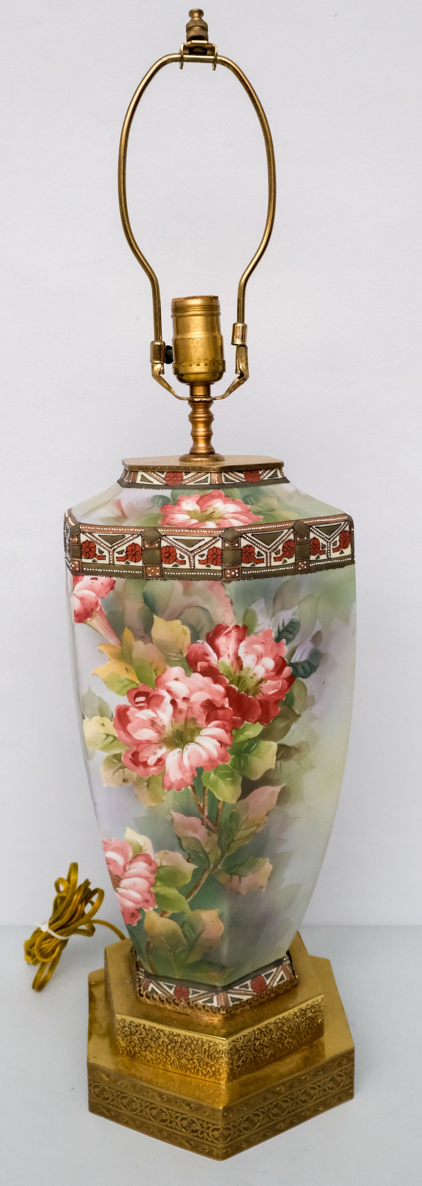 Antique Nippon Porcelain Lamp: Hexagonal body and Moriage enameling. 28 1/2".