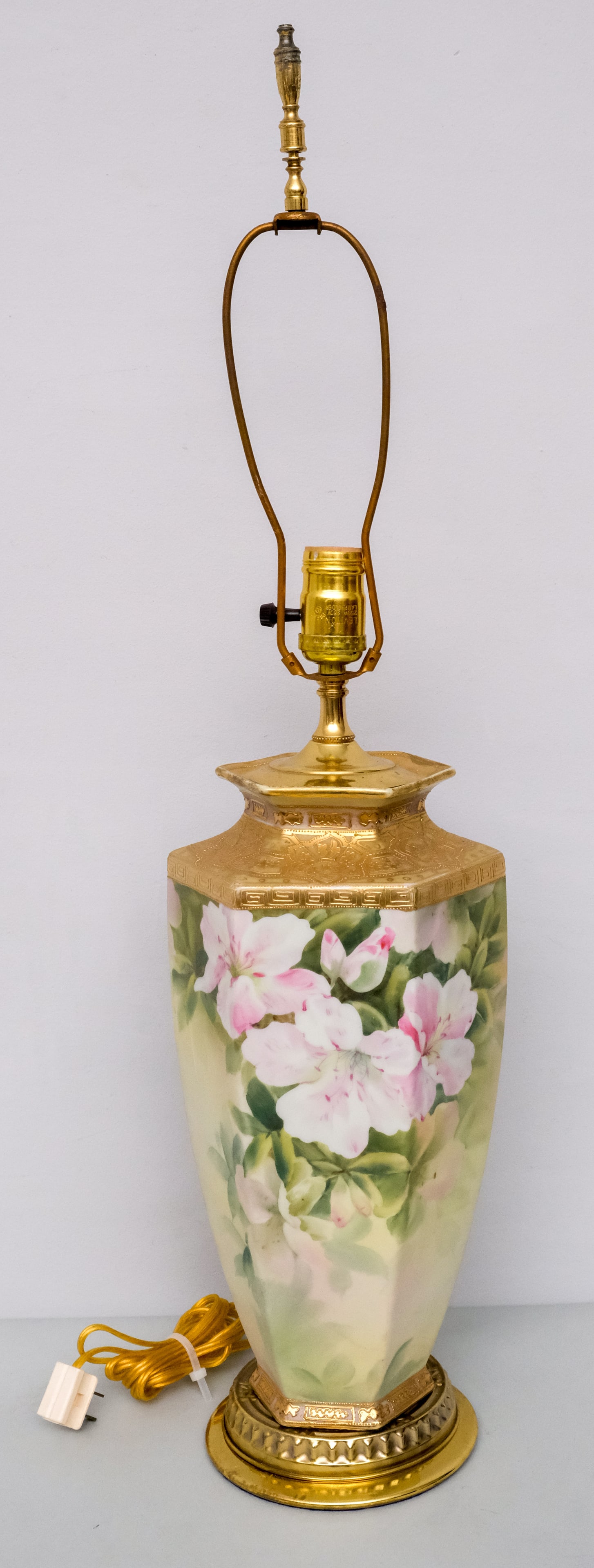 Antique Nippon Porcelain Lamp: Large hexagonal form with gilt decoration. 29 1/2".