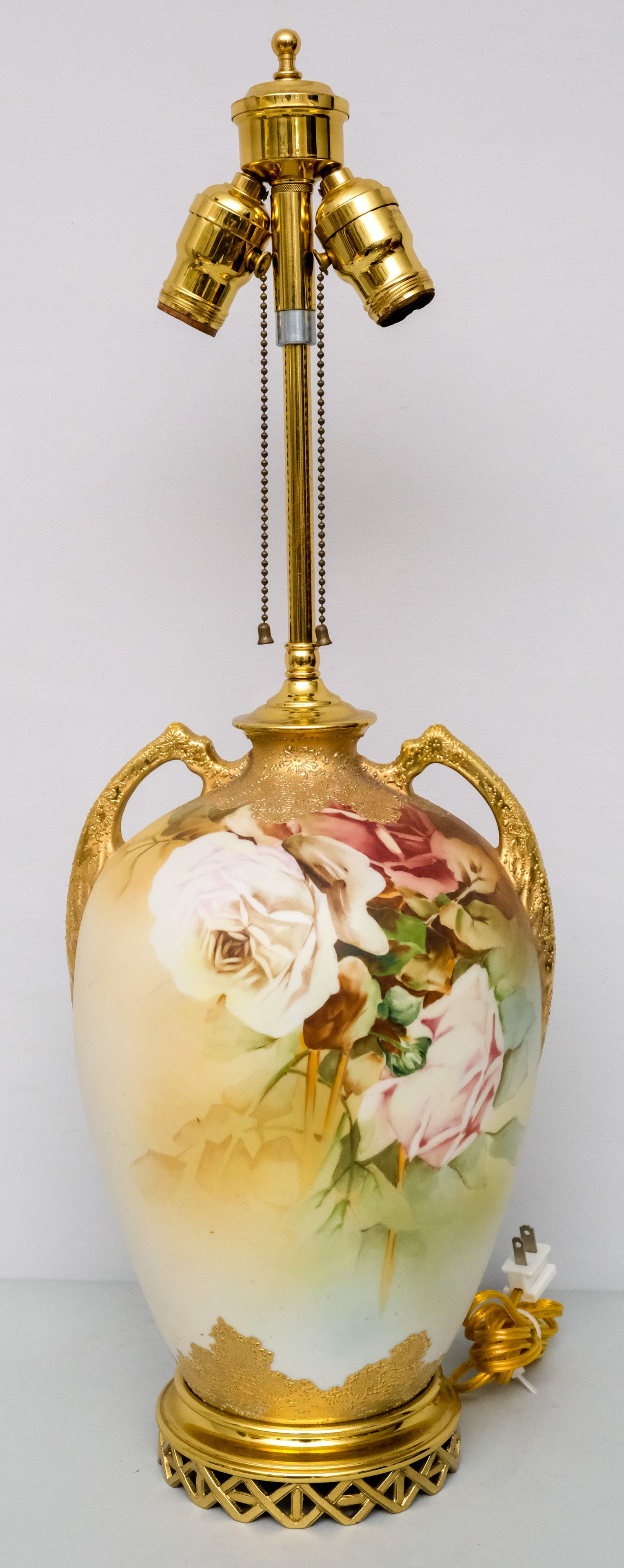 Antique Nippon Porcelain Lamp: With heavy gilded Moriage. 26".