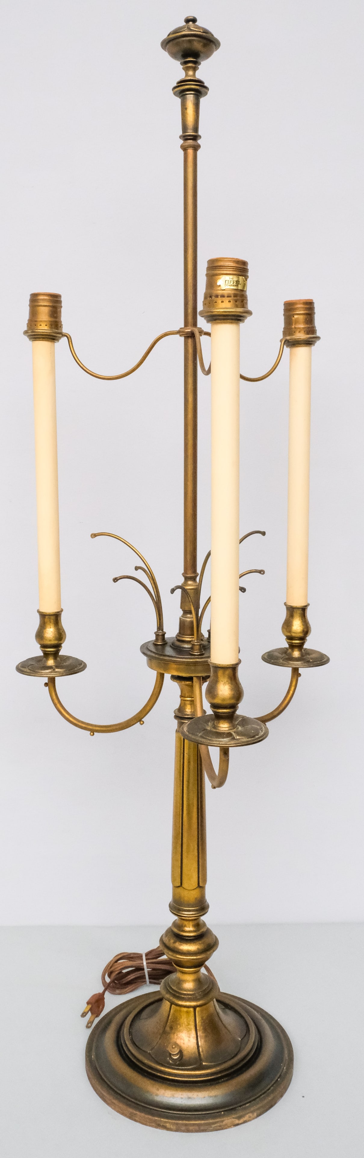 3-Socket Brass Candelabra Lamp: Faux candle sockets. Unmarked. 39".