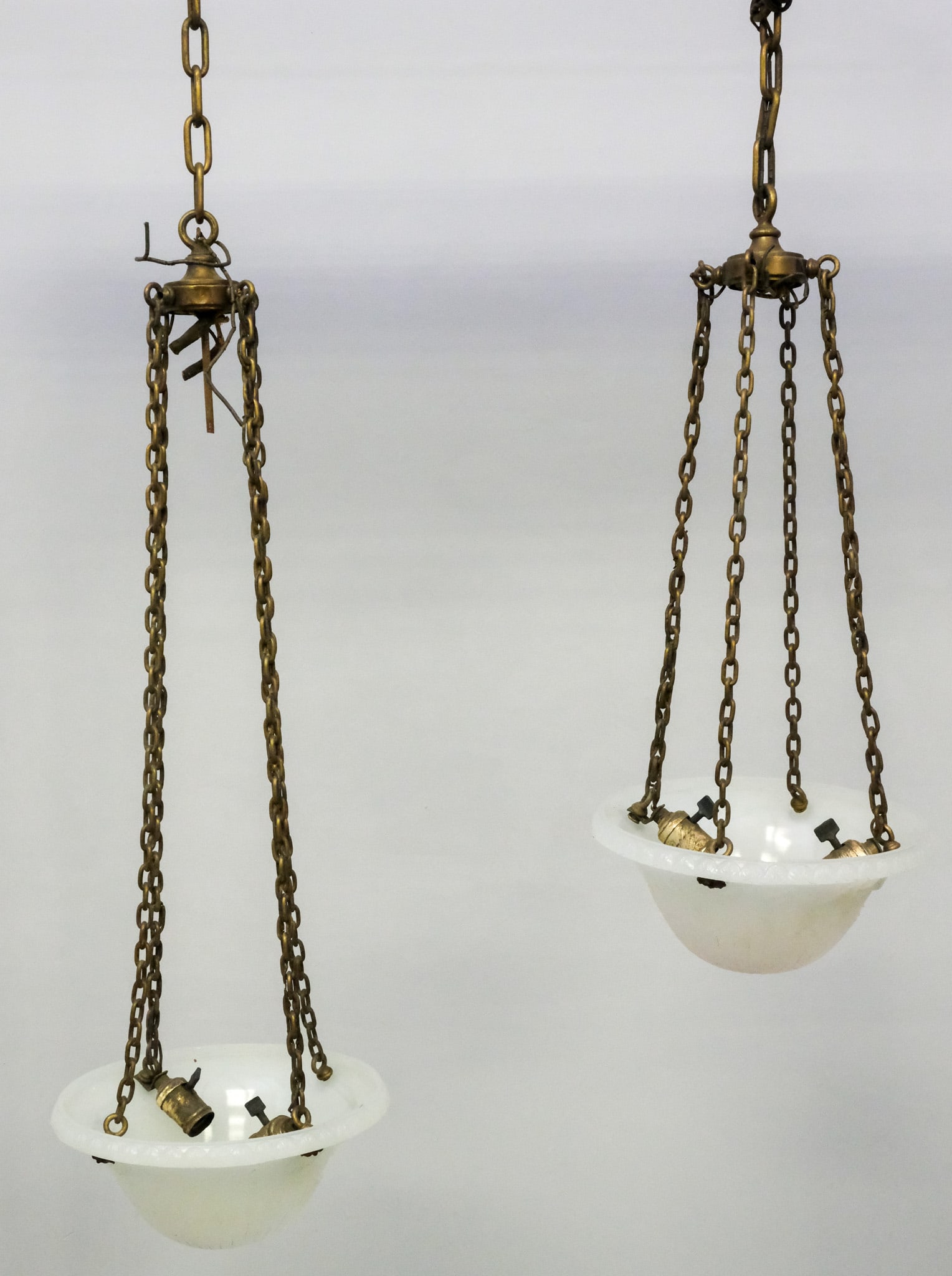Pair of Vintage Pendant Lights: Pair of pendant lights with pressed glass shades, shades 6" H x 12" W x 12" L.