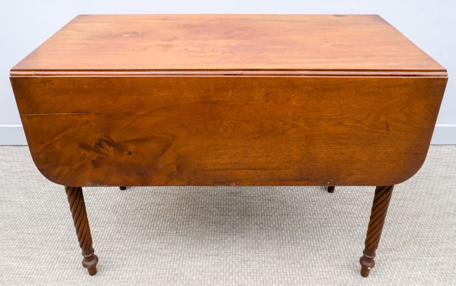 William IV Drop Leaf Dining Table: 19th century William IV one drawer dining table with single drawer, on tapered, spiral legs, 42" H x 46 1/2" W x 30" L.