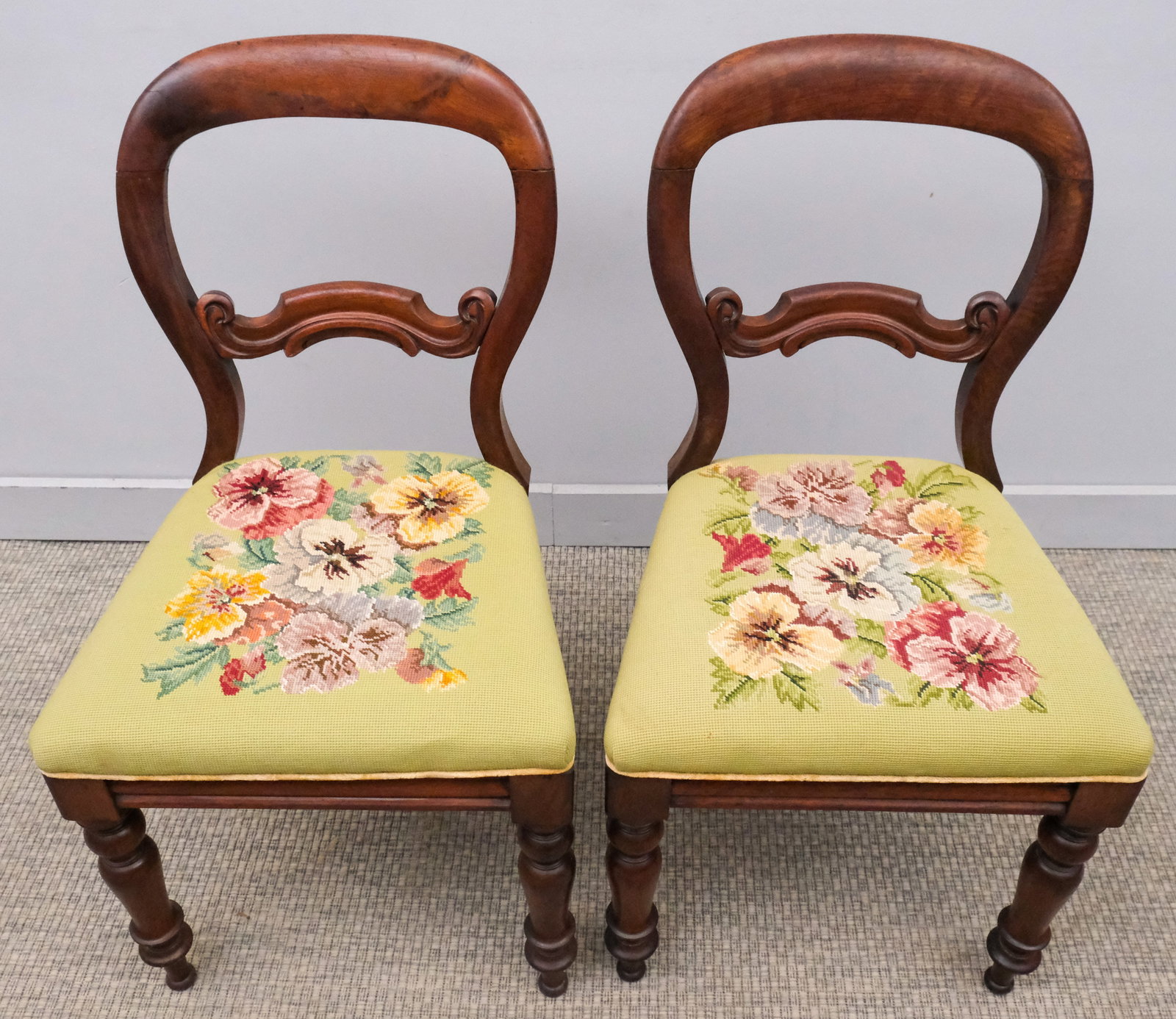 Pair of Balloon Back Chairs: 19th century, pair of balloon back chairs with needlepoint seat, 34" H x 19" W x 16" L.