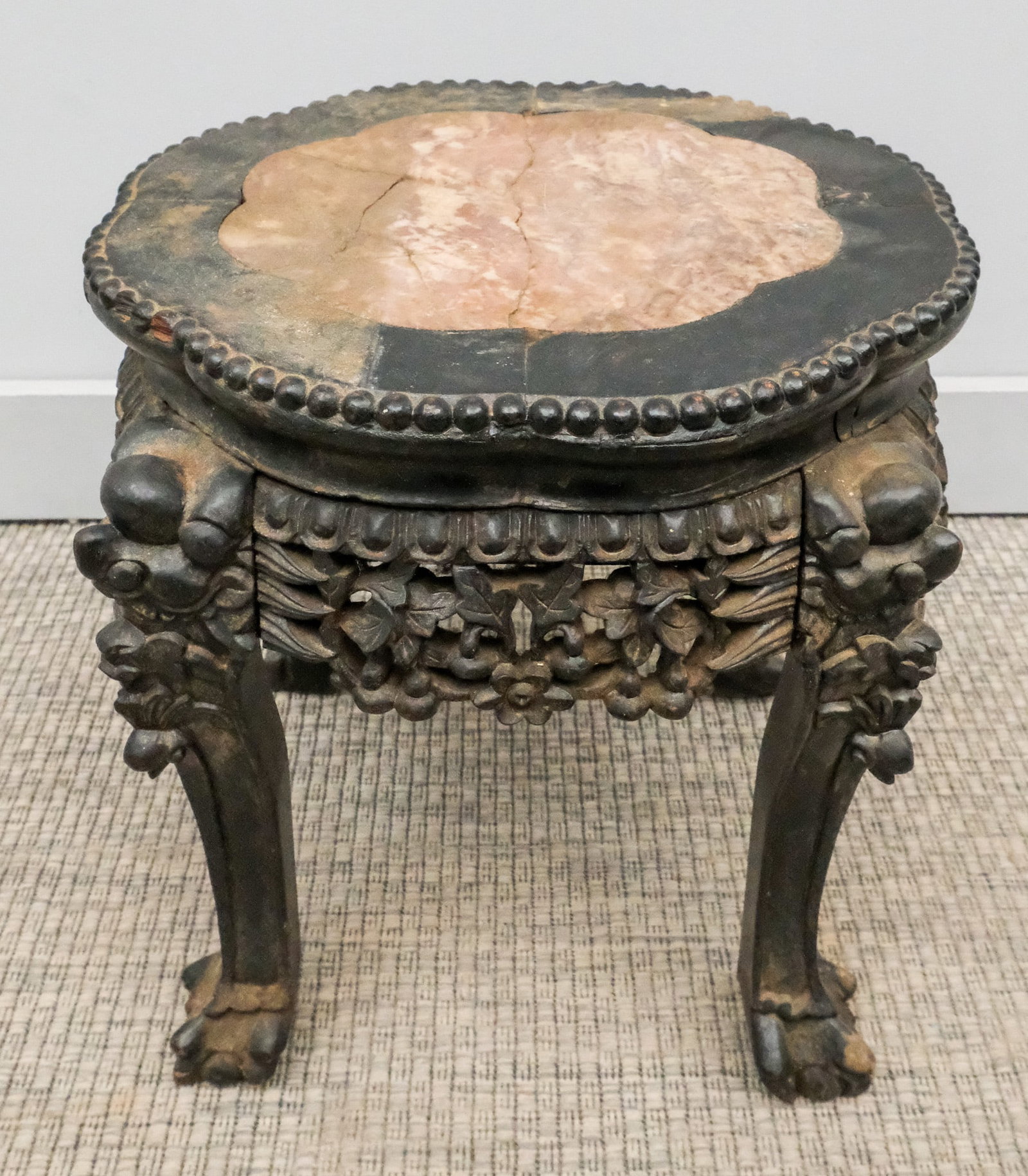 Chinese Carved Hardwood Stool: Chinese, late 19th century carved hardwood stool with hardstone insert top, pierced skirt, 15 1/4" H x 15" W x 15" L.