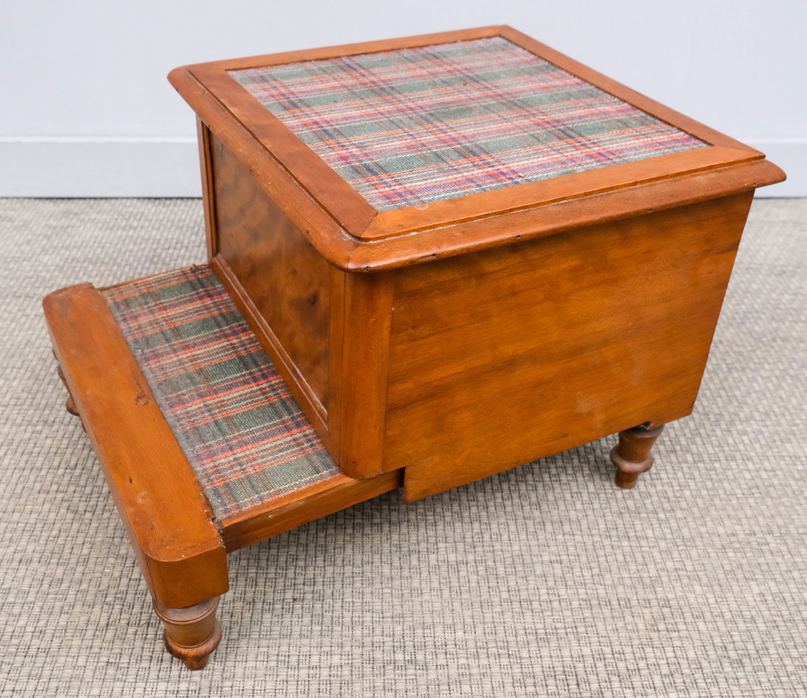 Antique Regency Library or Bed Steps: 19th century Regency library or bed steps with hidden lower step, top step has a hinged lid with storage compartment underneath, 17" H x 19 1/2" W x 17 1/4" L.