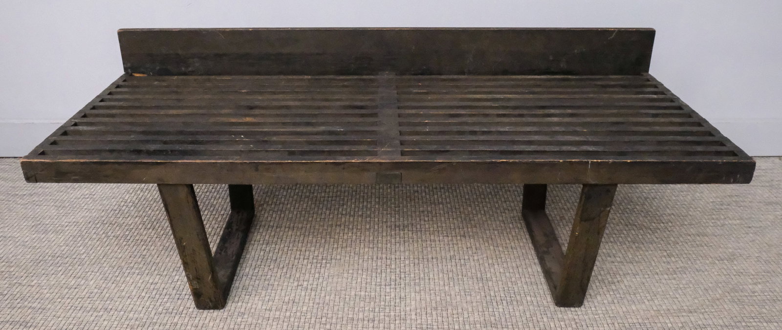 Modern Slatted Bench: Modern slatted bench, painted black, 18" H x 48" W x 19" L.