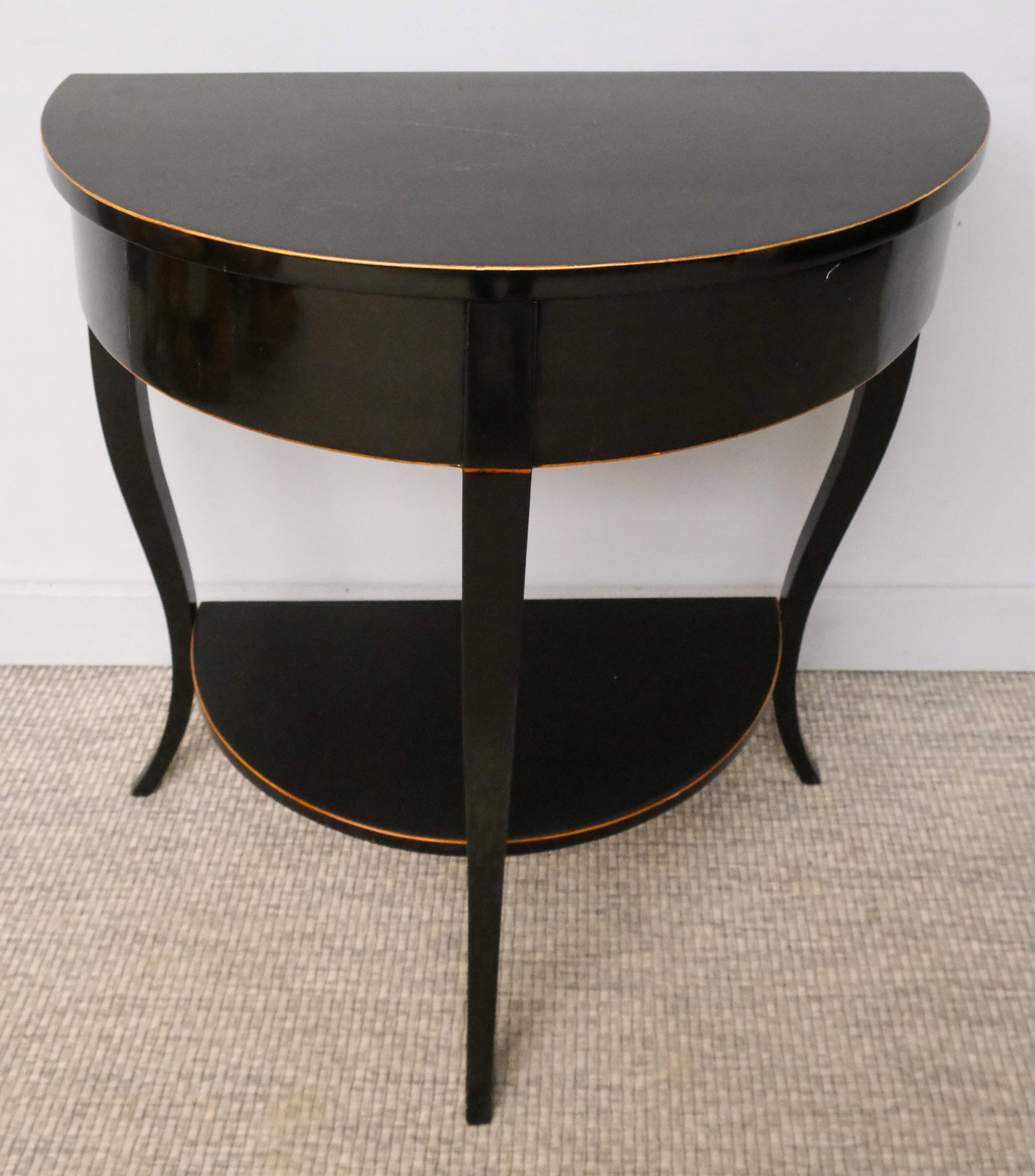 Biedermeier Ebonized Pearwood Demilune Console: Austrian, 19th century Biedermeier ebonized pear wood demi-lune console table, 31 1/2" H x 30 1/2" W x 15 1/2" L.