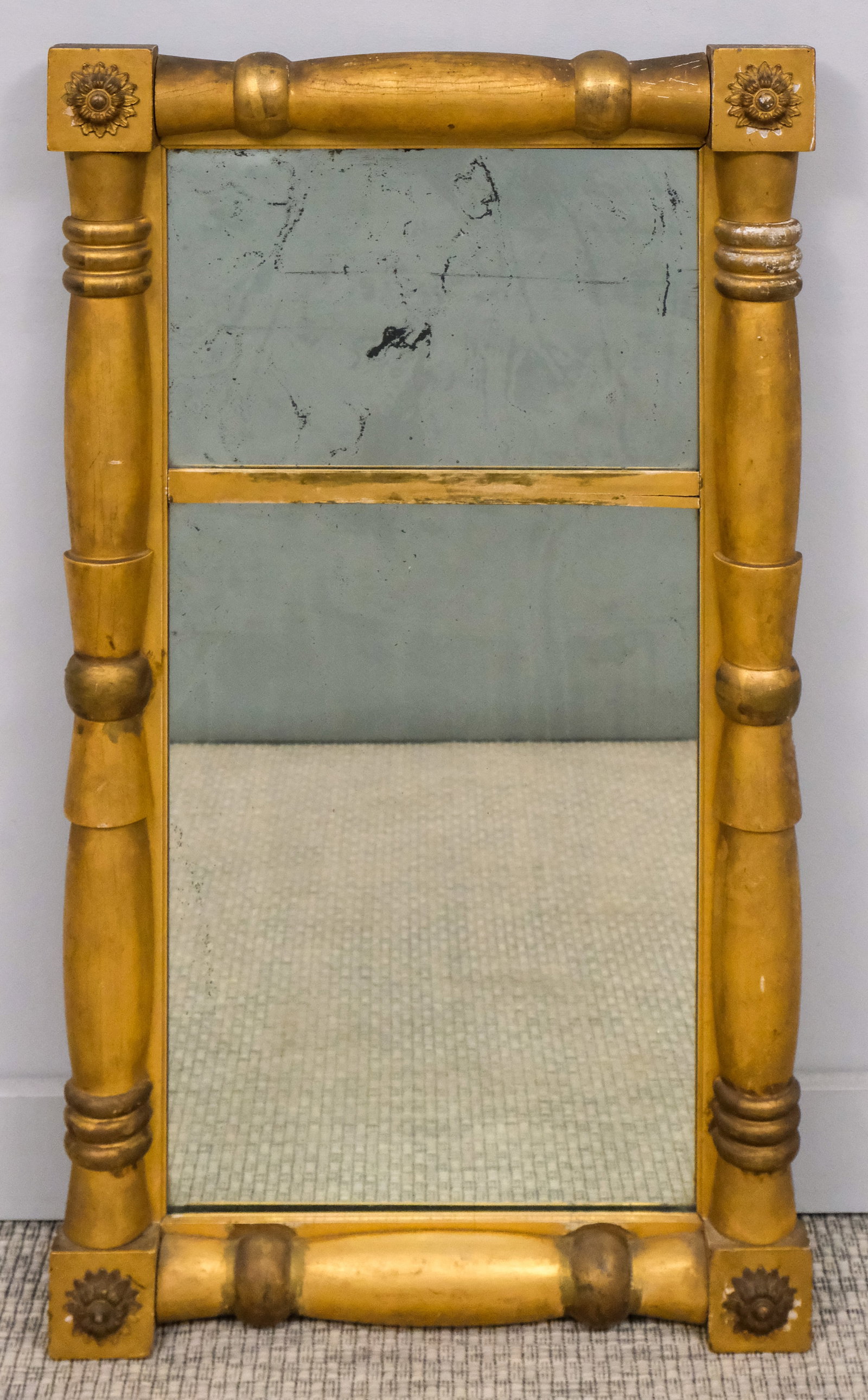 Antique Empire Mirror: 19th century two panel Empire style giltwood mirror, 38 1/4" x 21 3/4".
