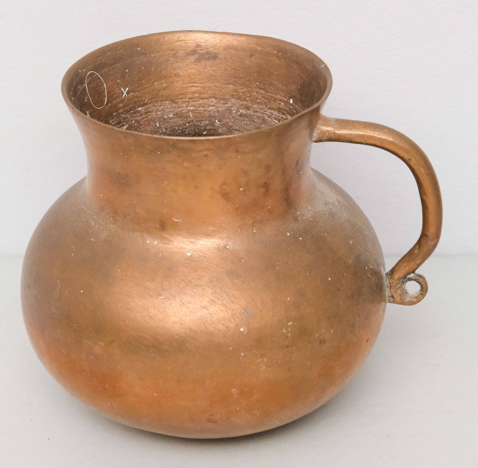 Early Antique Spanish Colonial Bronze Pitcher: 18th century or earlier. Of typical form, monogrammed to inner lip "RxOx". 6 1/4".