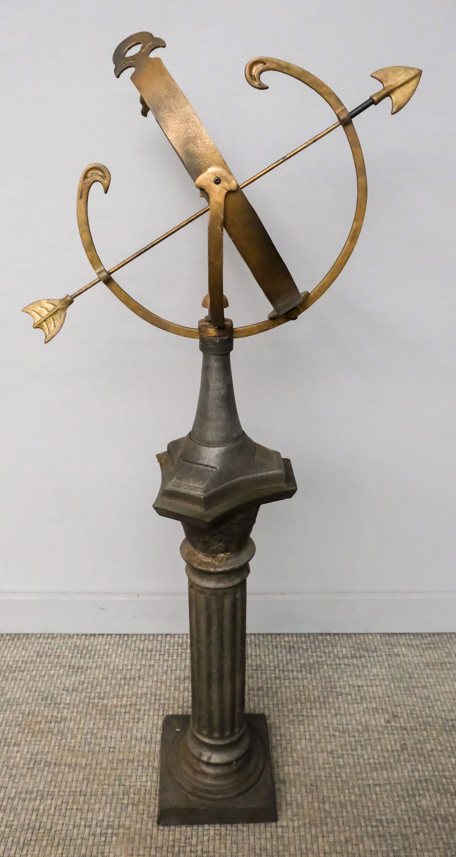 Vintage Garden Armillary on a Column Base: Early 20th century metal garden armillary on a fluted column base, 50" H x 24" W x 17" L.