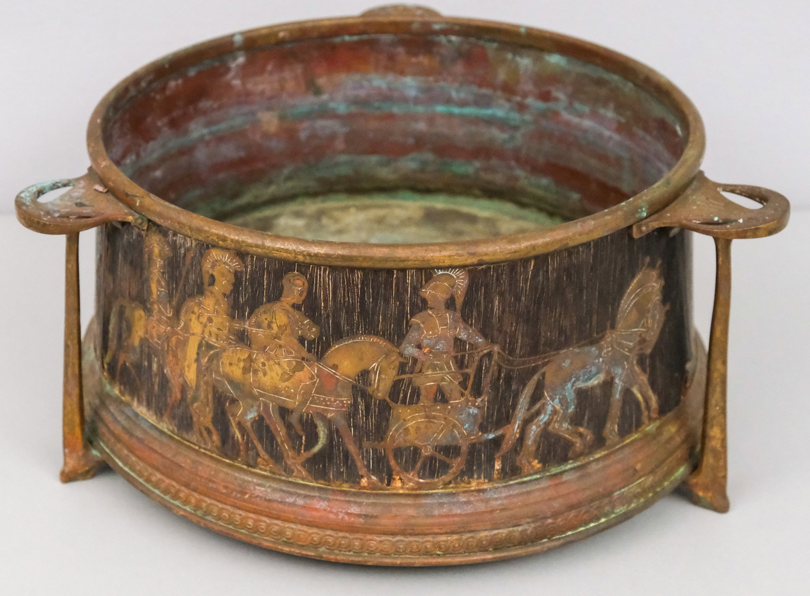 Erhard & Sohne Rosewood & Brass Planter: Antique arts and crafts jardiniere with neoclassical brass inlay and architecture. 4 3/4" x 10".