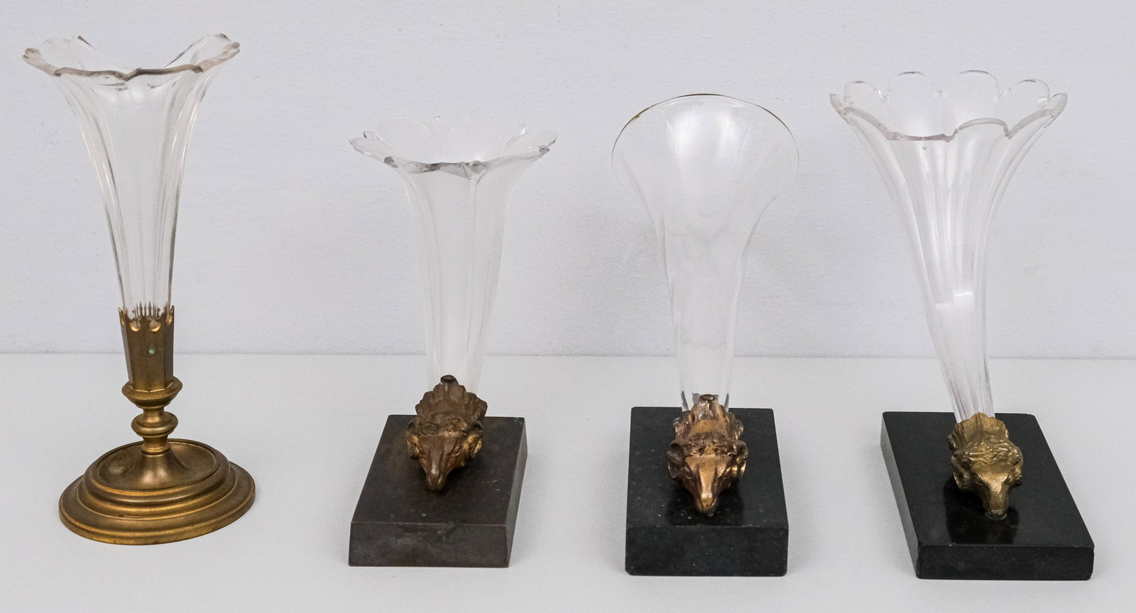 Three Bronze, Glass & Marble Cornucopia Vases: With figural rams' heads sockets. Together with a trumpet vase example (with broken glass). Trumpet 9 1/4".
