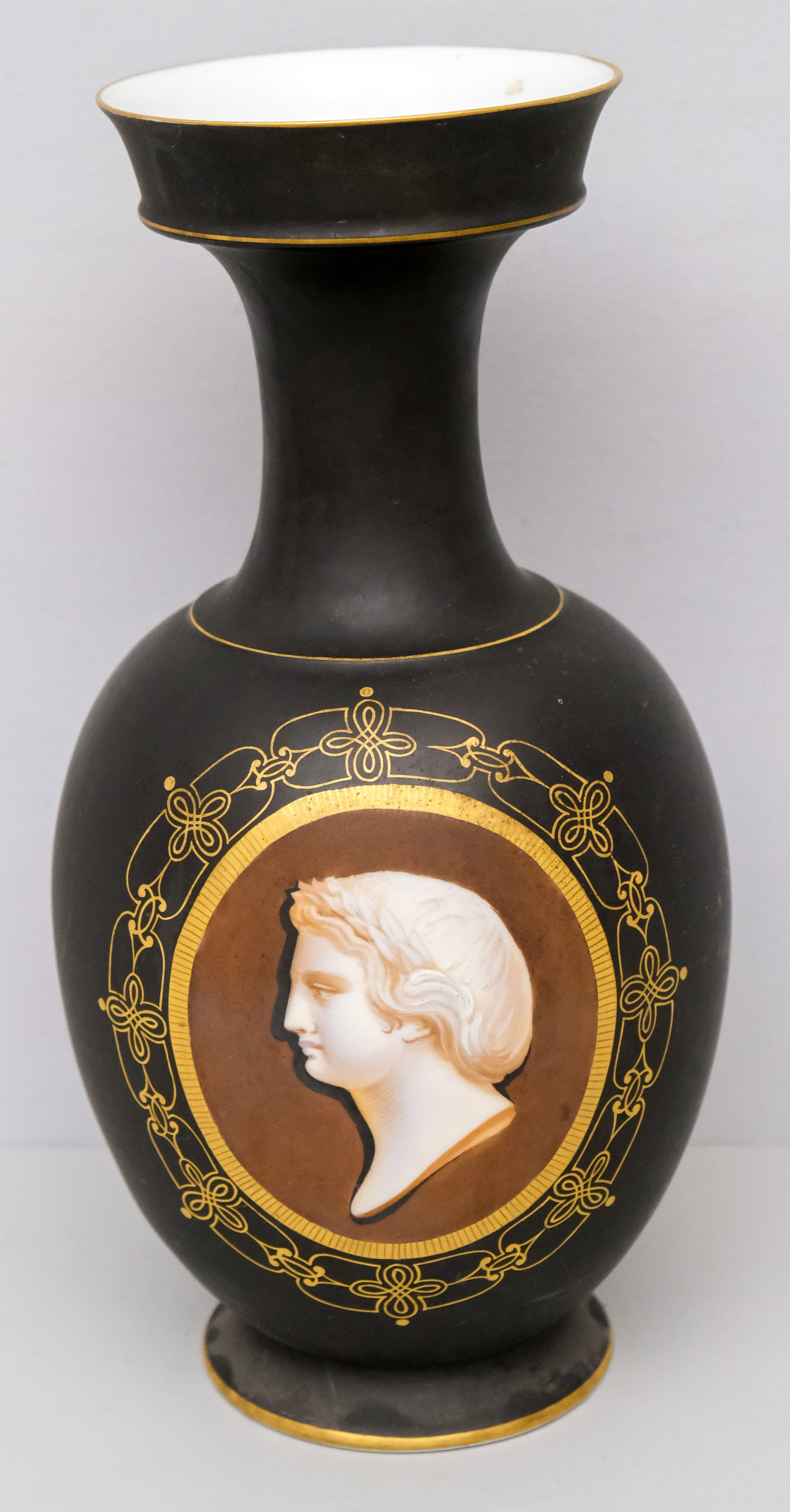 Antique Black Field Neoclassical Porcelain Vase: With classic portrait in profile.