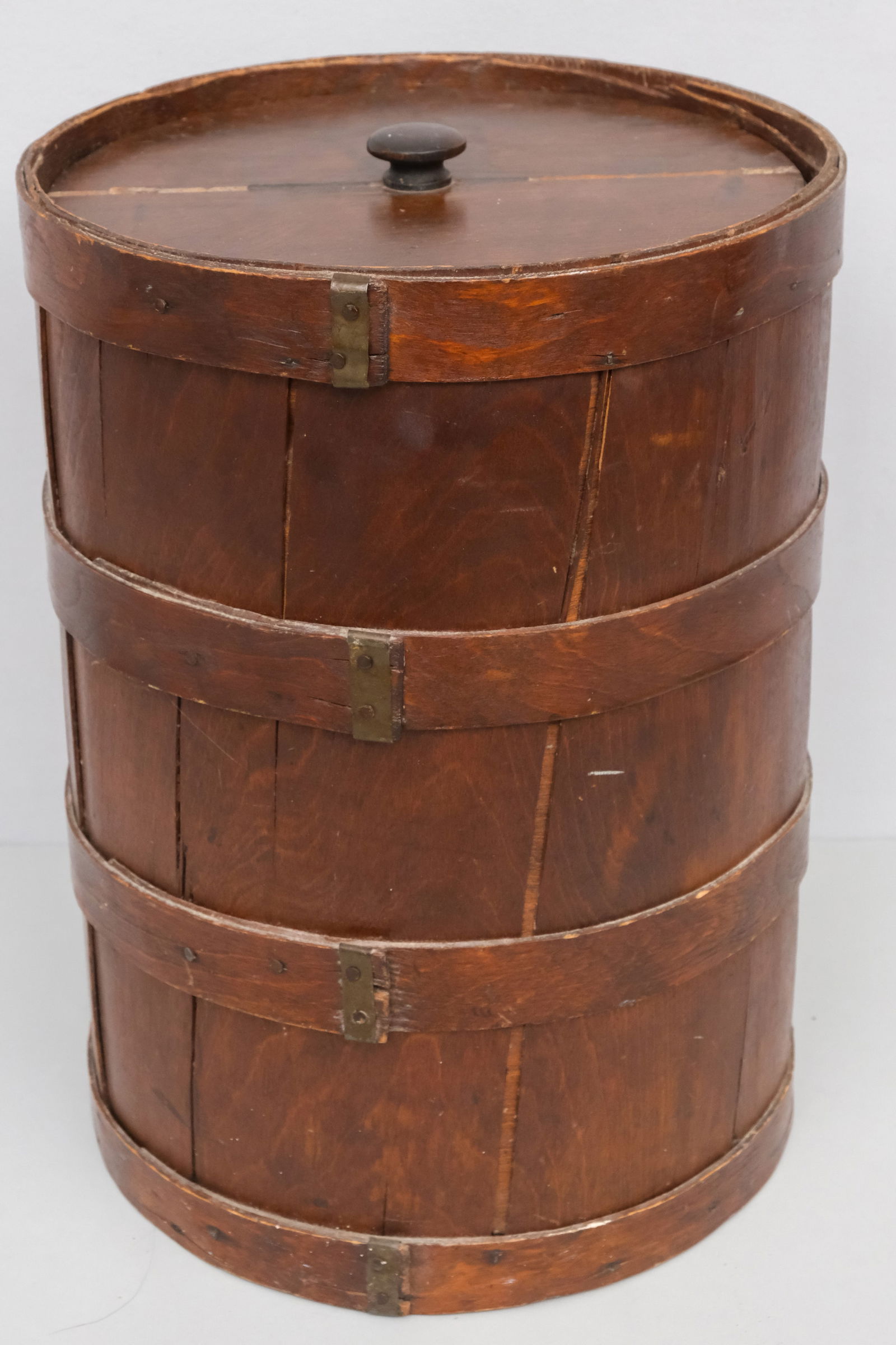 Antique Lidded Firkin Bucket: 19th century lidded, wooden firkin bucket, 17" H x 12 1/2" W x 12 1/2" L.