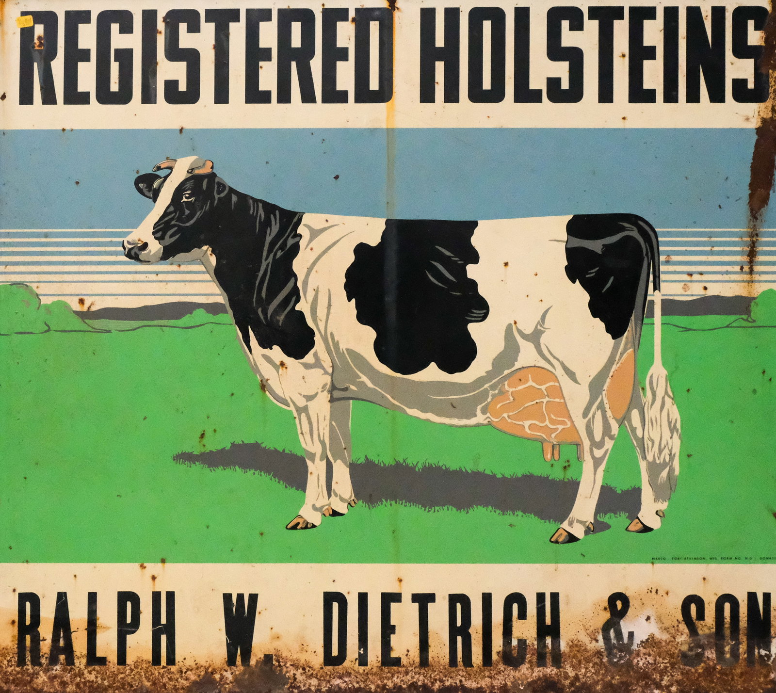 "Ralph W. Dietrich & Sons" Dairy Advertisement: American, early 20th century silkscreen on metal sign, inscribed "Registered Holsteins Ralph W. Dietrich & Sons", 39 1/2" H x 47" W x 2" L.