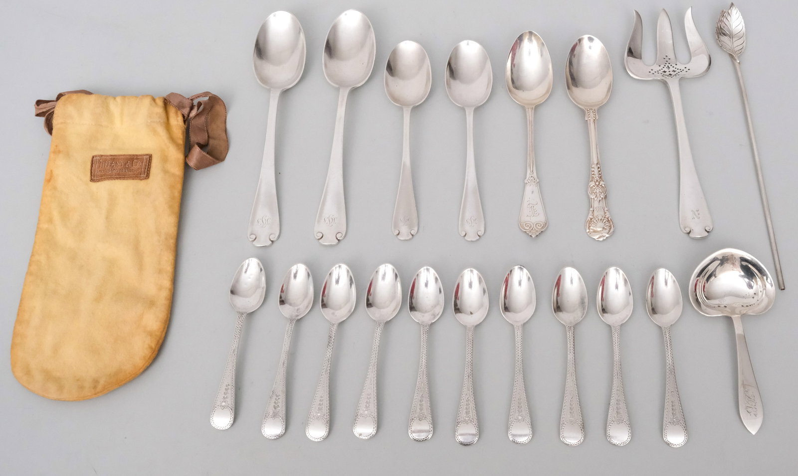 Sterling Silver Flatware, Including Tiffany: In Flemish, English King, and Faneuil. Together with other fine sterling. 15.2 troy combined weight. Together with an old Tiffany felt bag.