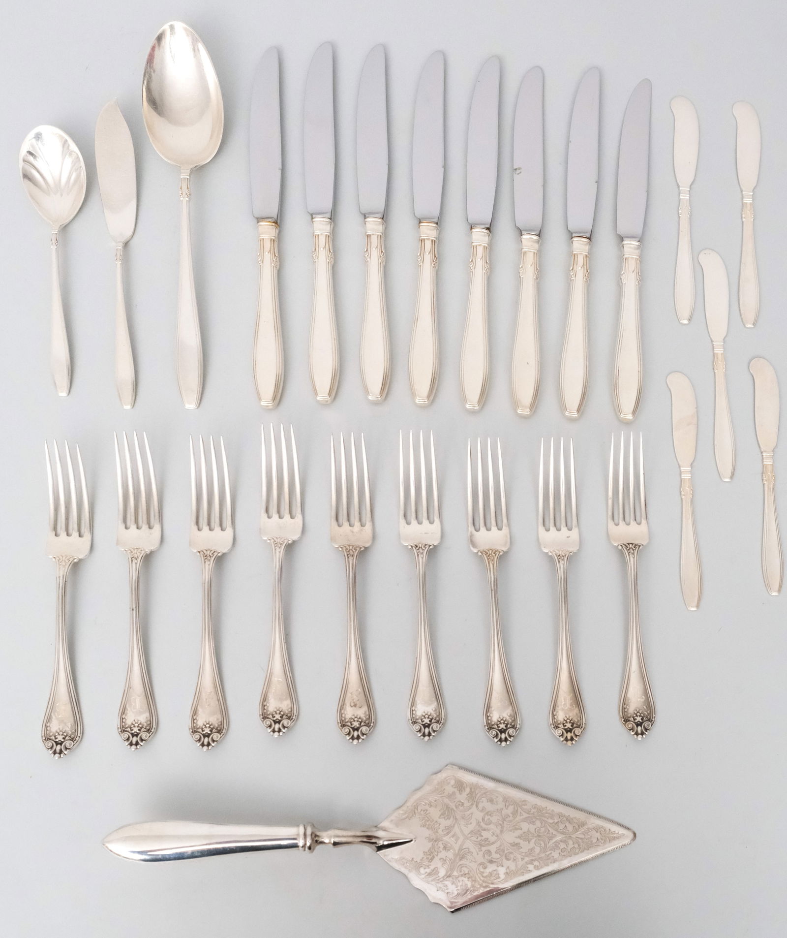 Gorham & International Sterling Silver Flatware: Hallmarked as shown. Together with a sterling handled pie server. 22.5 troy weighable.