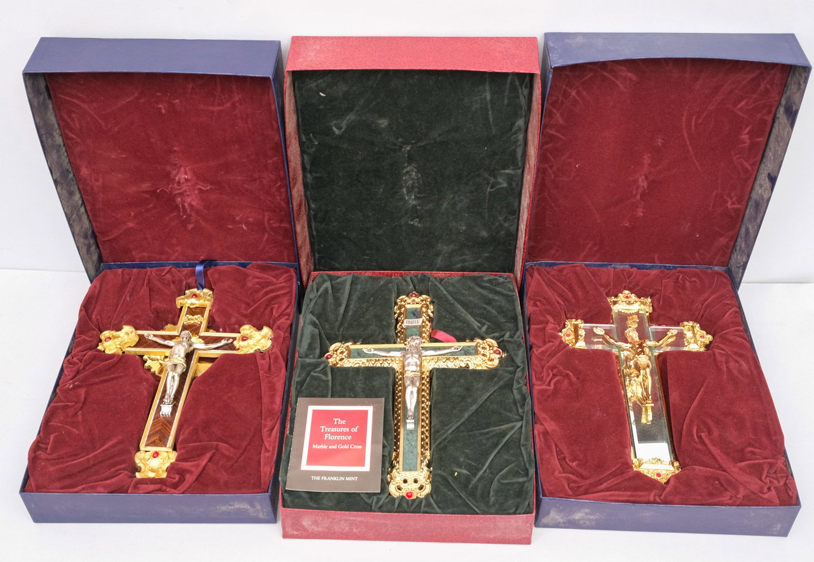 3 Franklin Mint Crucifixes in Boxes: With mirrored surfaces. 6 1/2" x 10 1/2".