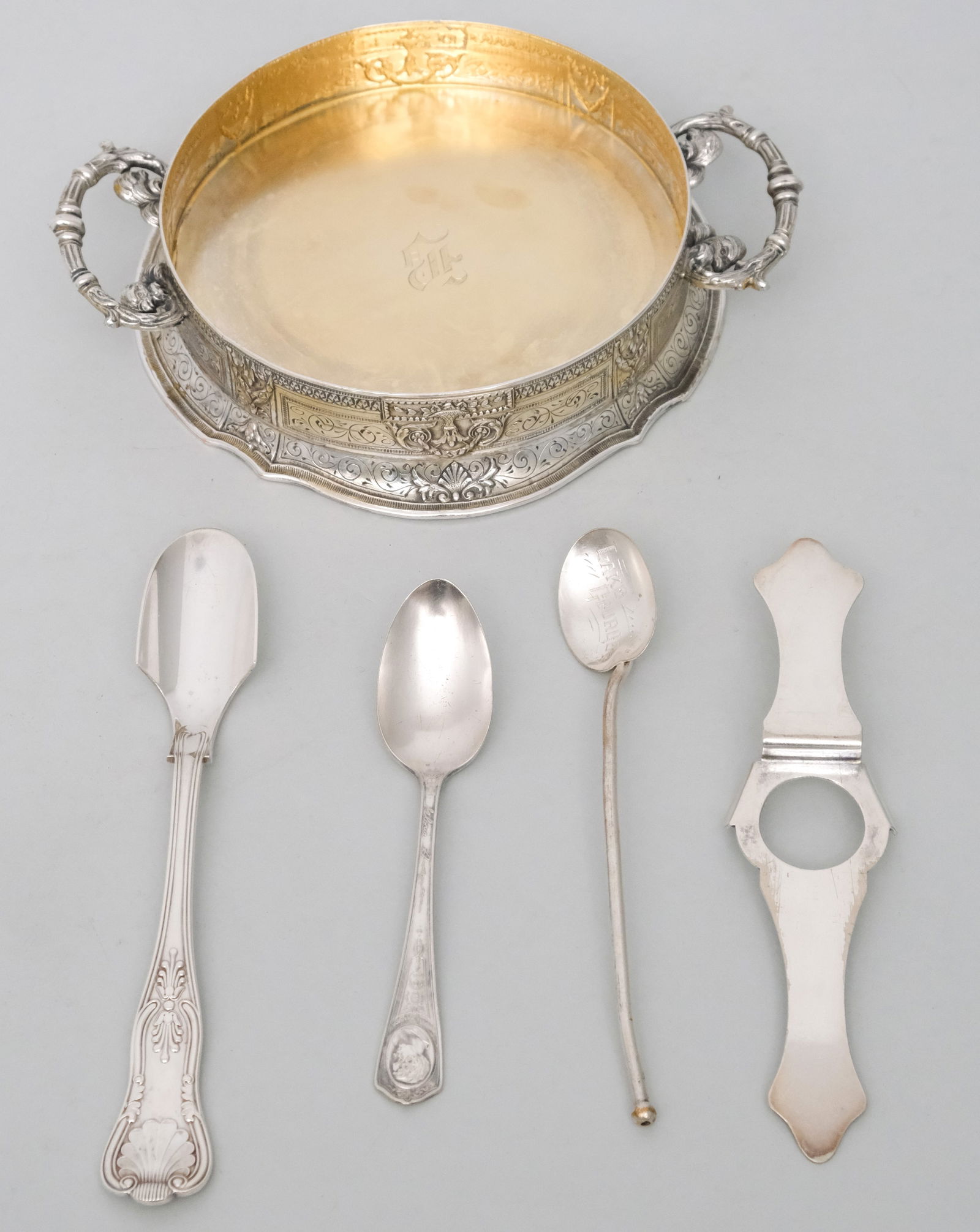 Lot of Antique Silverplate: Including an unusual double handled coaster or low dish. Dish 9"