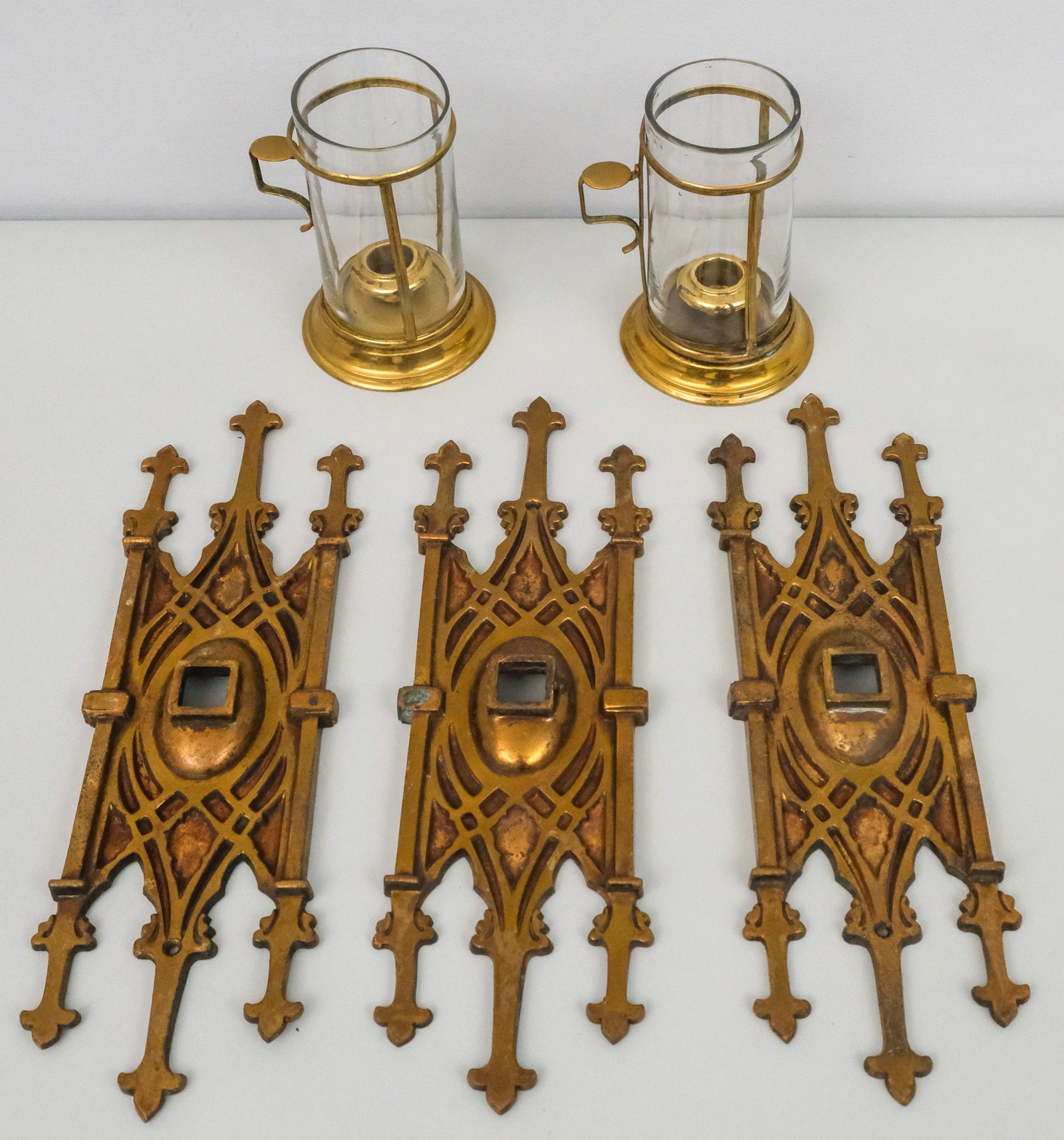 2 Brass Chamber Lanterns and 3 Brass Wall Brackets: The brackets of gothic styling, 14 3/8".