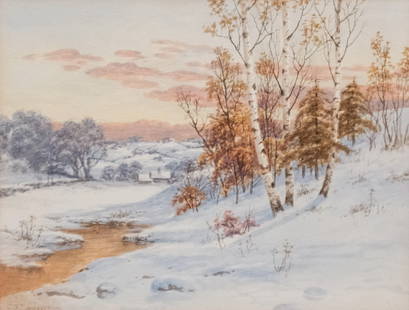 Charles Grant Davidson, Winter Sunset: Charles Grant Davidson (American, 1865-1945), watercolor on paper depicting a patch of birch trees next to a stream, signed l.l., 10" x 13" sight size, 19 1/4" x 22" framed.
