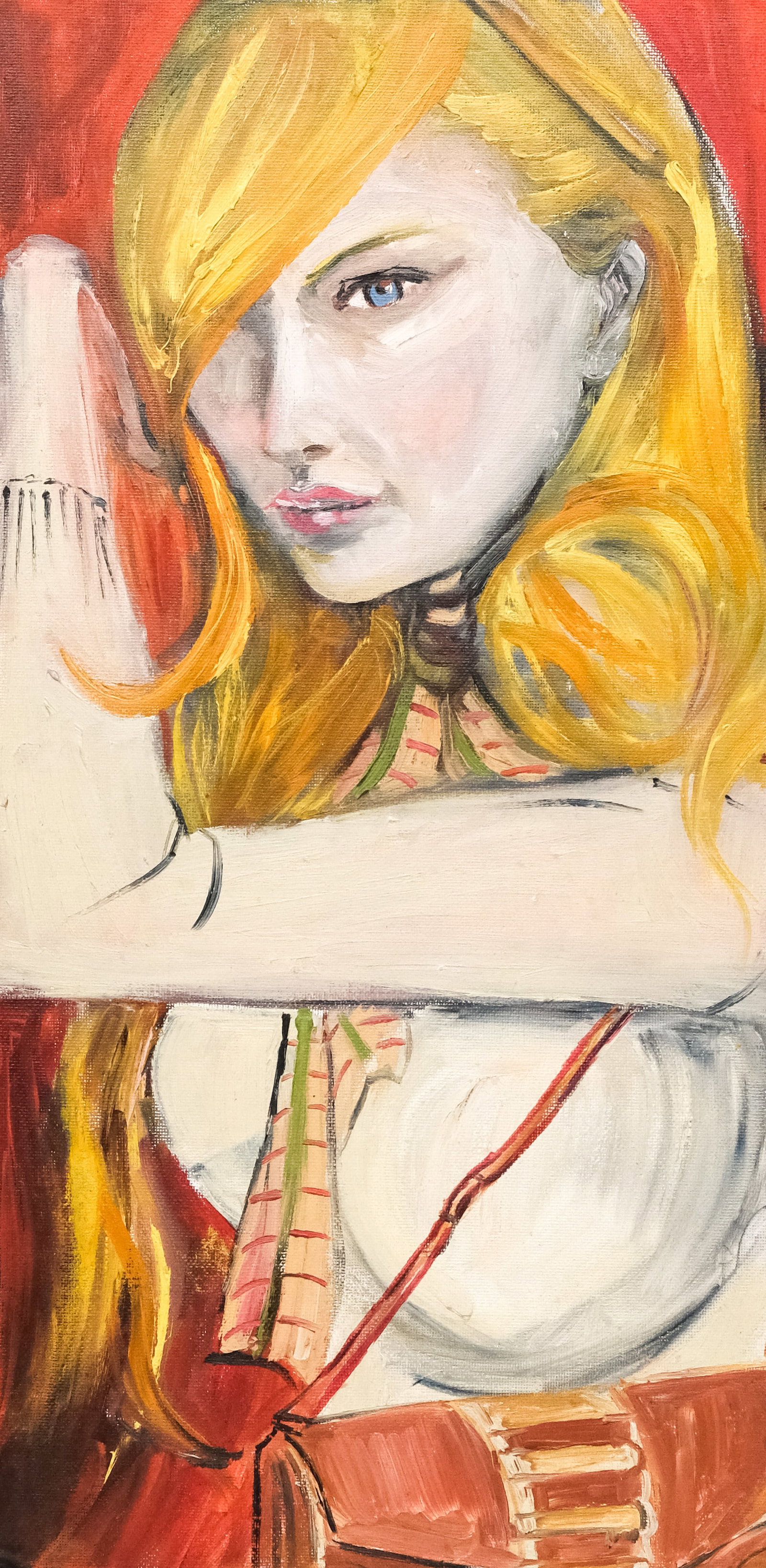 American School, Blonde with a Bag: American, 2004, oil on canvas board depicting a blond woman with a red purse, signed and dated verso, 20" x 9 3/4" board, 27" x 21" framed.