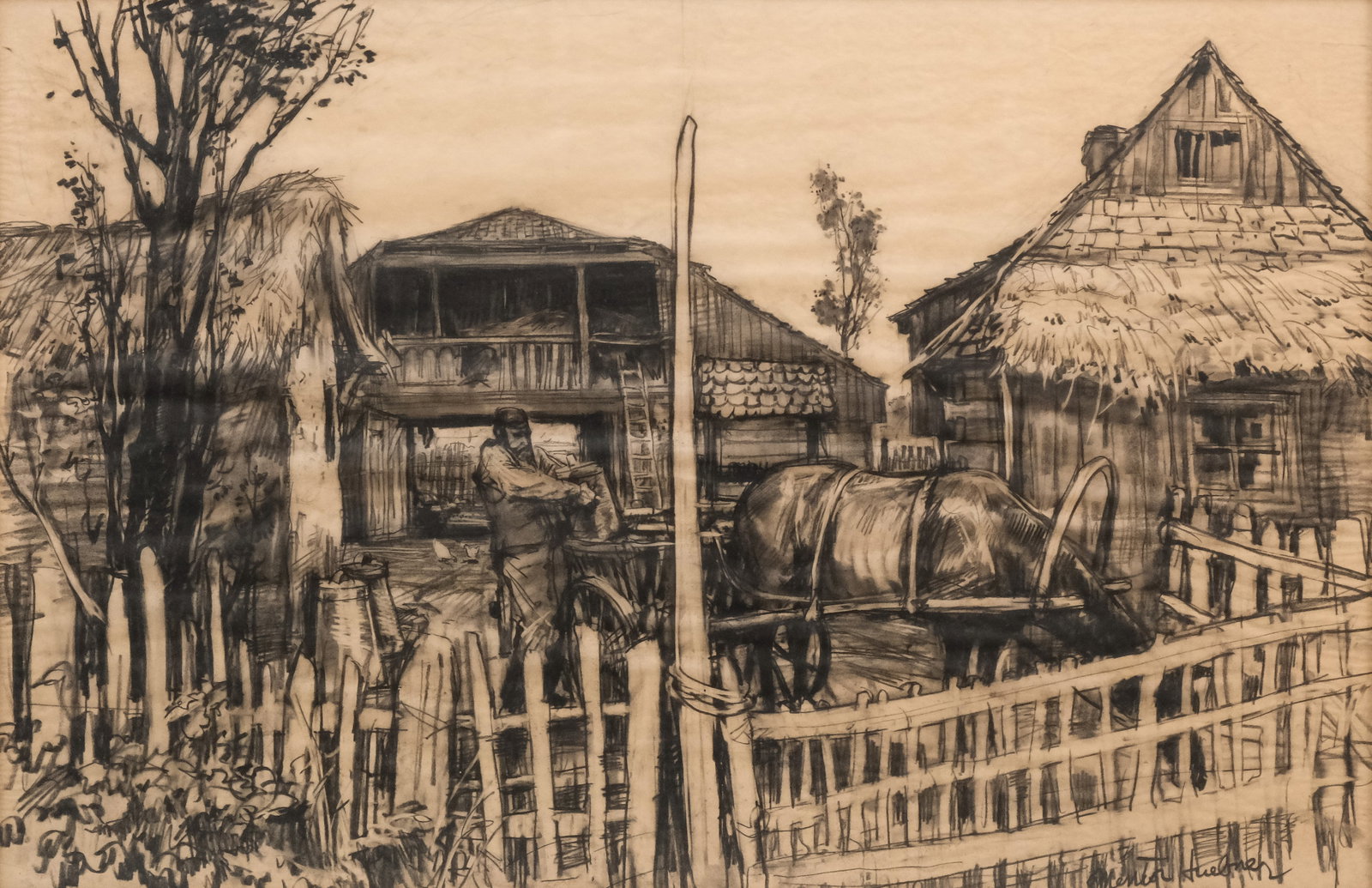 Mentor Huebner, Scene From "Fiddler on the Roof": Mentor Huebner (American, 1917-2001), charcoal on newsprint depicting a scene from "Fiddler on the Roof" (1971) in which Tevye loads milk onto his horse-drawn cart, signed l.r., 18 3/4" x 28 3/4" sigh