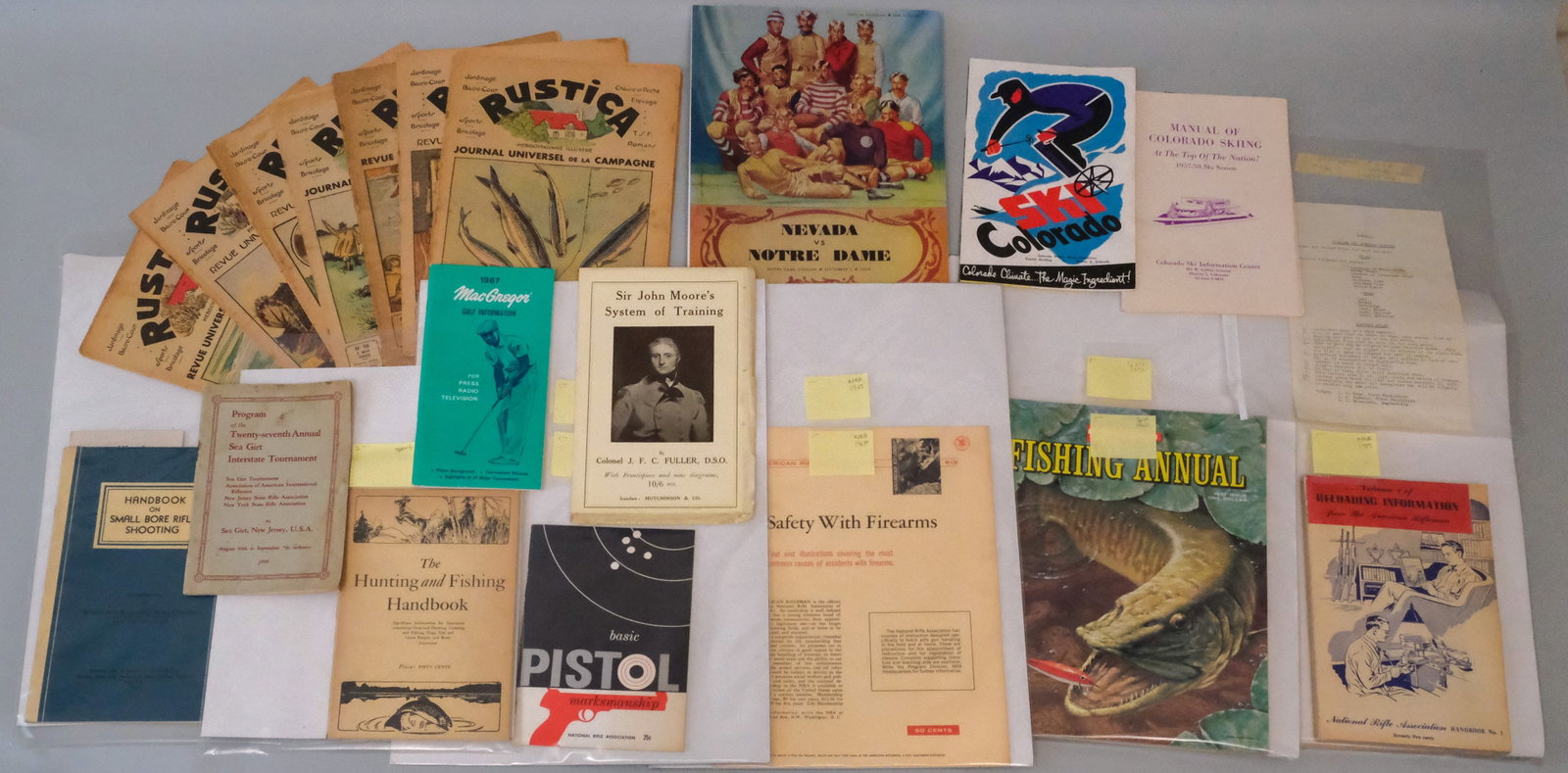 Group of Outdoor and Sporting Related Ephemera: Including a group of 6 French Rustica news print magazines from the early 1930's, 1971 Fishing Annual, gun safety information, and various others.