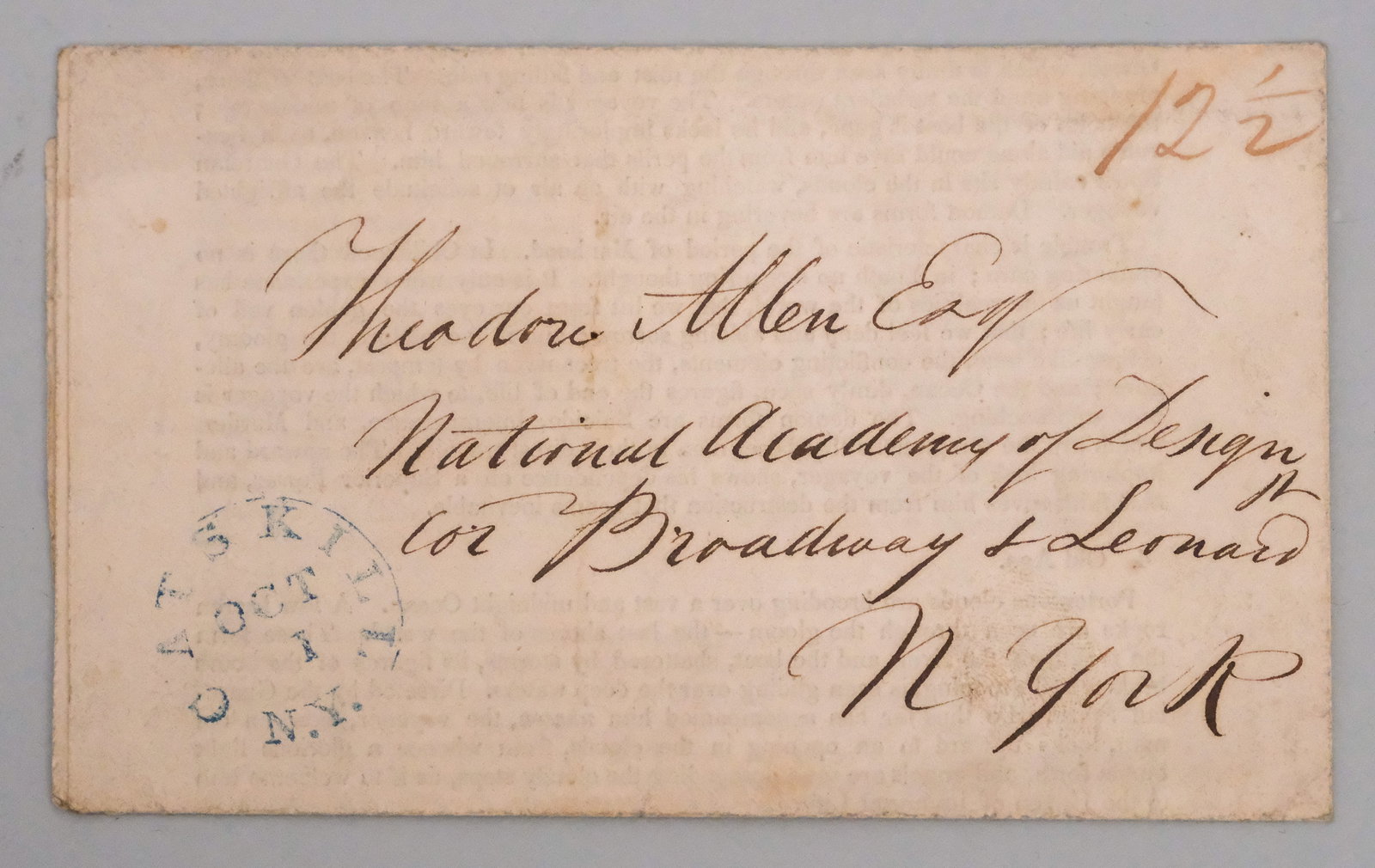 Thomas Cole Letter to Theodore Allen Esquire: Handwritten letter from artist Thomas Cole (American, 1801-1848) to Theodore Allen Esquire (American, circa 1800-1850), an honorary member of the National Academy of Design and son-in-law of patron of