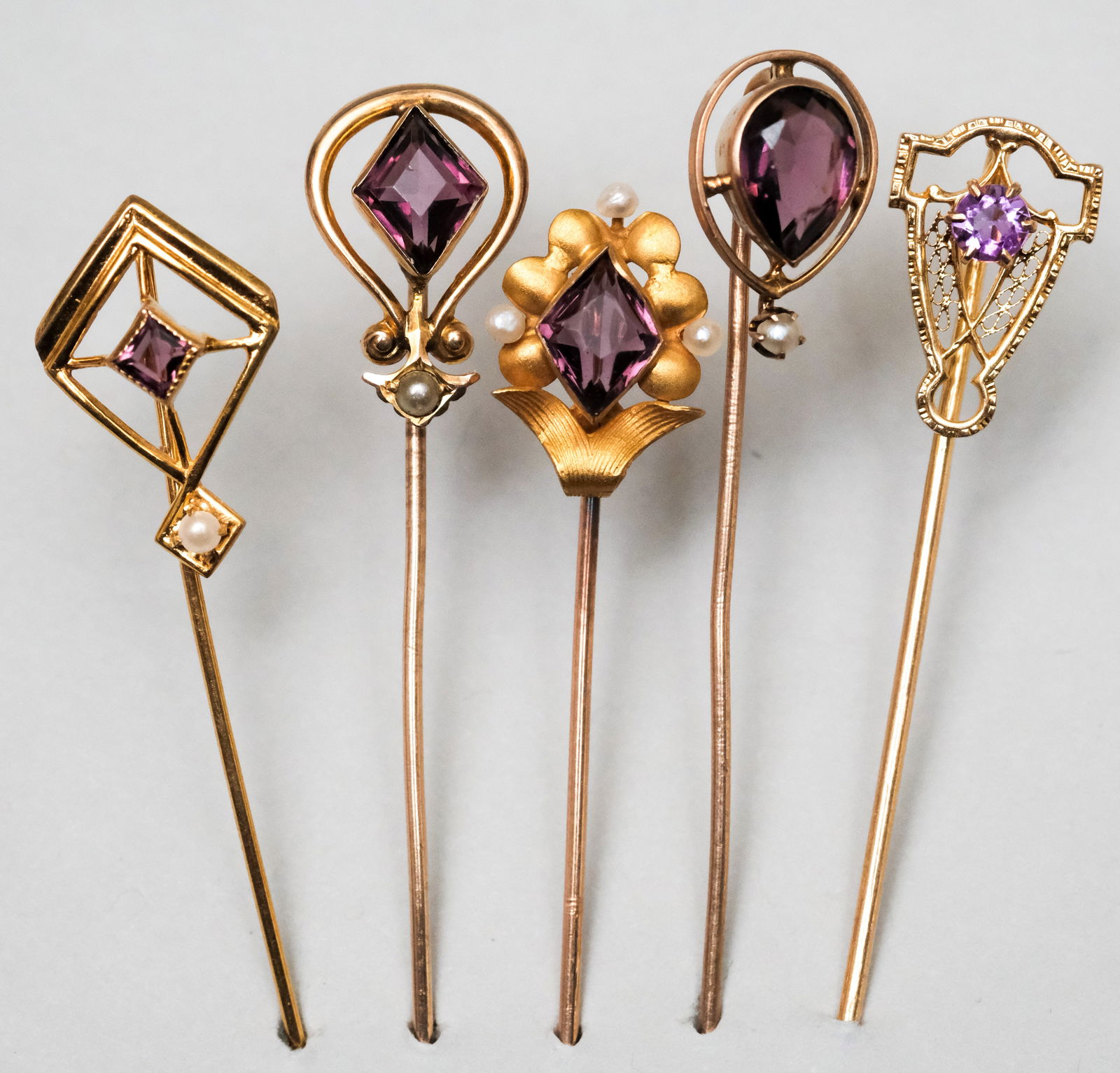 5 Antique 10K Gold Stickpins with Purple Gemstones (1 of 10)