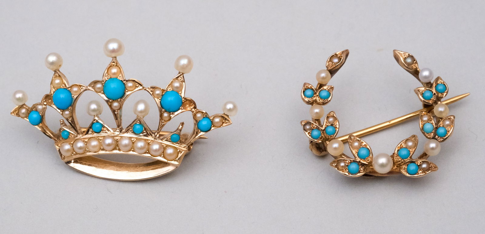 Two Antique 14K Gold Turquoise & Seed Pearl Pins (1 of 6)