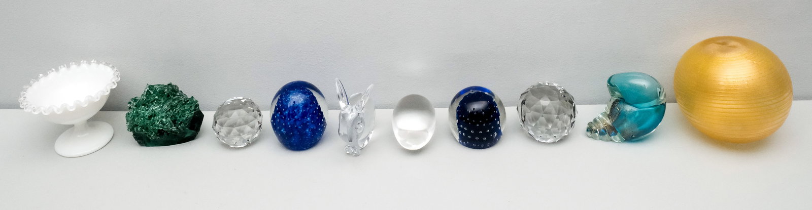 Group of Vintage Art Glass Paperweights: Including murano and colored glass examples. Gold sphere 5" diameter.