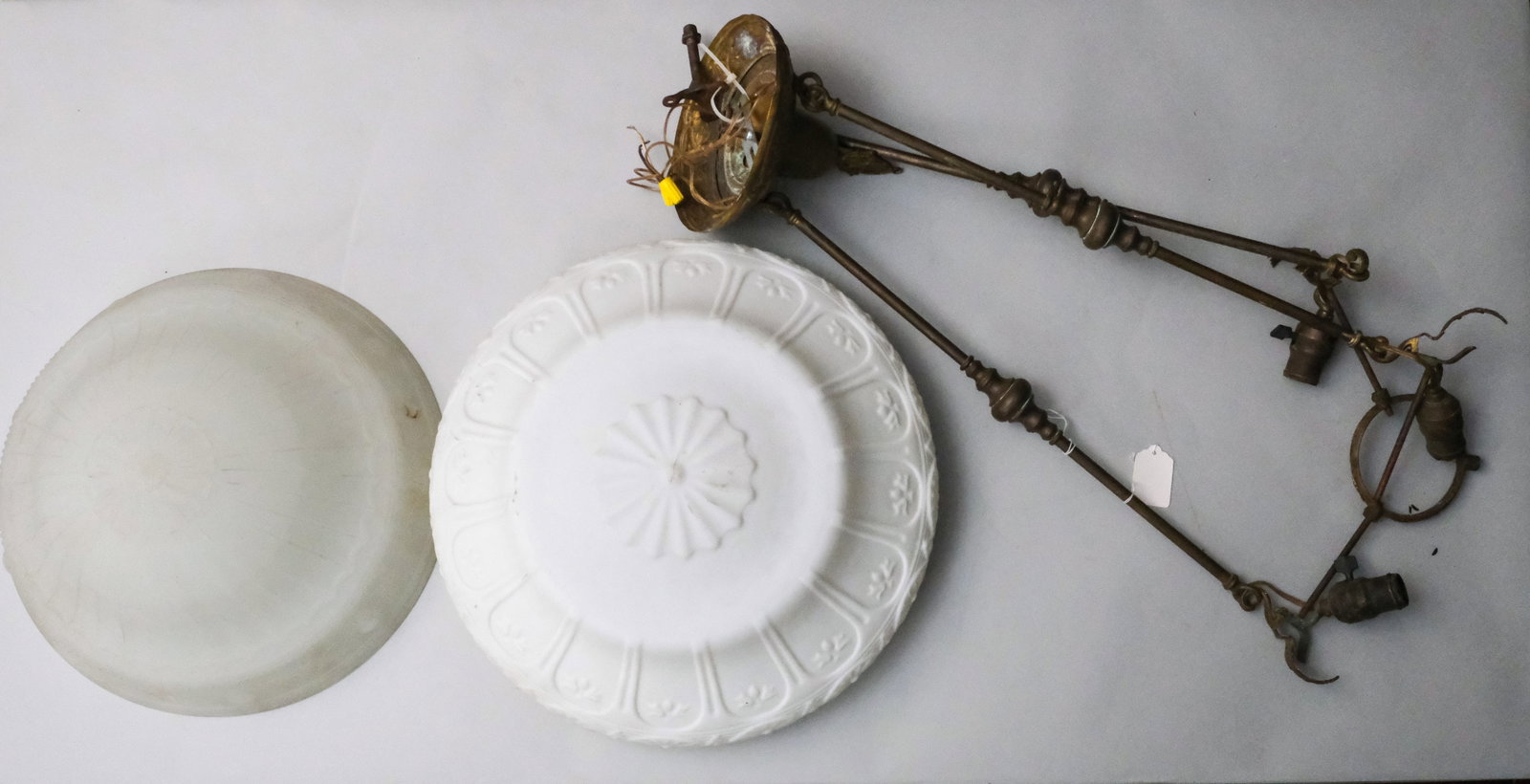 Three Arm Fixture & Shade w/Extra Shade: two shades and a three arm fixture. Larger shade 19" diameter.