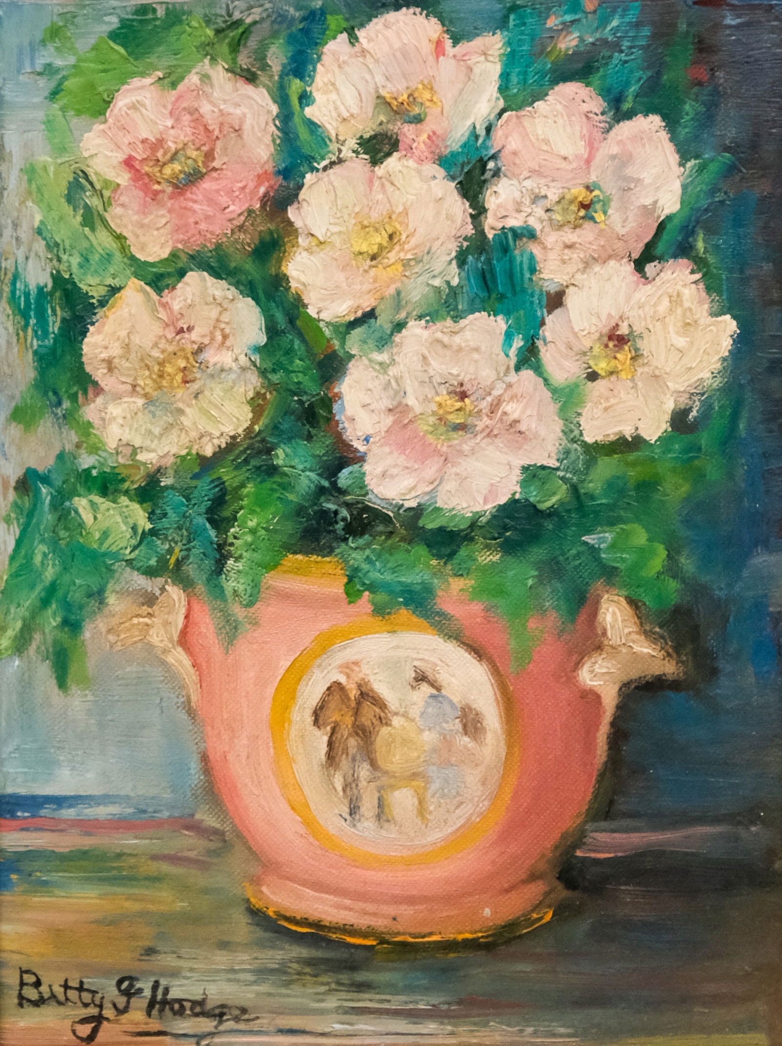 American School, Floral Still Life: American, 20th century oil on board depicting a bushel of white flowers in a pink vase, signed "Betty G. Hodge" l.l., 10 1/2" x 8" board, 13" x 11 1/4" framed.