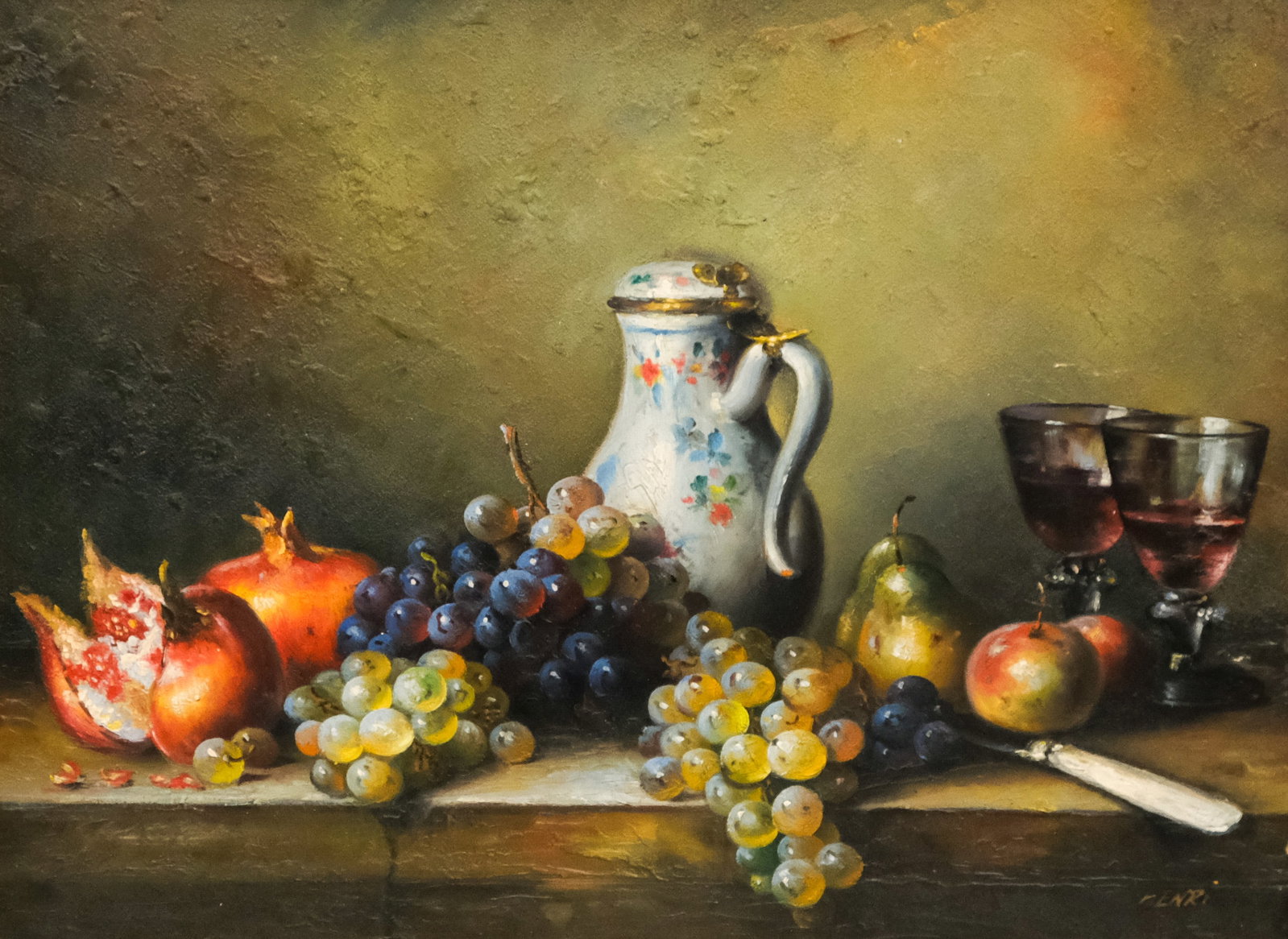 European School, Still Life with Fruit: European. mid-century oil on board depicting a still life of fruits, chalices and a porcelain teapot, signed "Henri" l.r., 12" x 16" board, 17 1/2" x 21 1/2" framed.