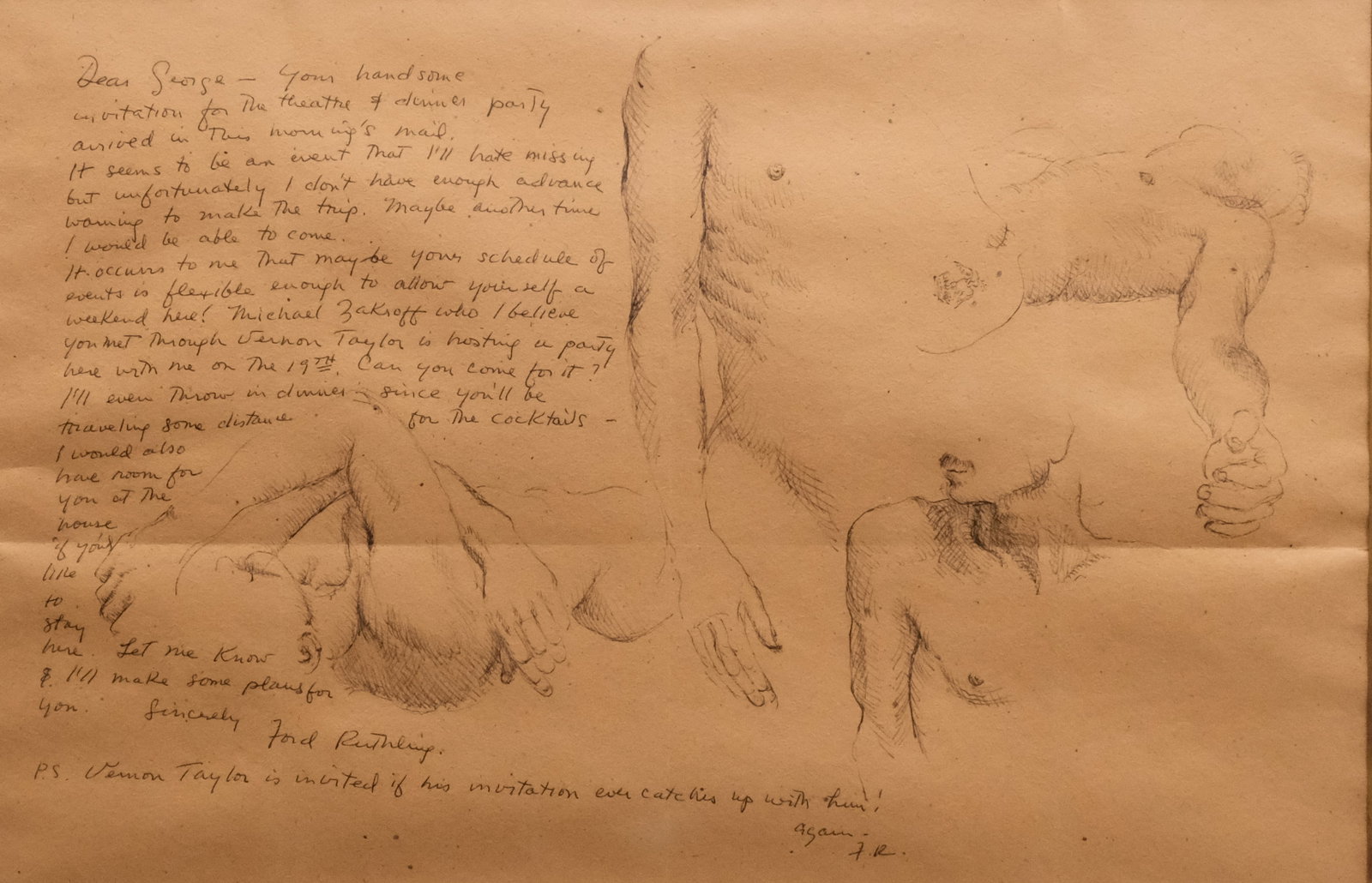 Ford Ruthling, Life Study & Dinner Invitation: Ford Ruthling (American, 1933-2015), ink and paper depicting sections of life studies of a male nude in an addition to a dinner invitation, signed l.r., 14 1/2" x 21 1/4" sight size, 22" x 29" framed.