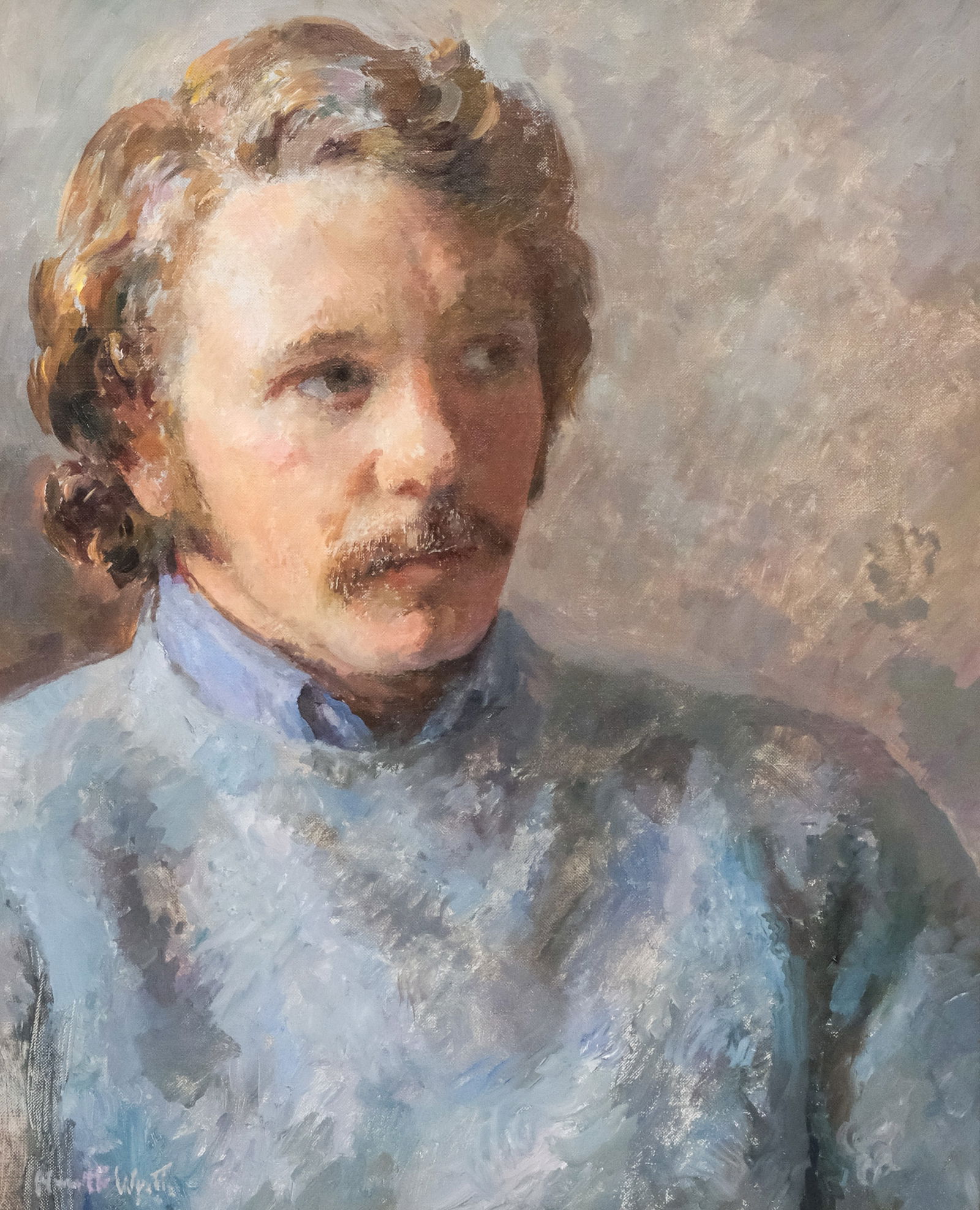 Henriette "Hurd" Wyeth, Portrait of a Man: Henriette "Hurd" Wyeth (American, 1907-1997), oil on canvas depicting a mustachioed man with wavy brown hair, signed l.l., housed in a House of Heydenryk frame, 20" x 16" canvas, 27 3/4" x 23 3/4" fra