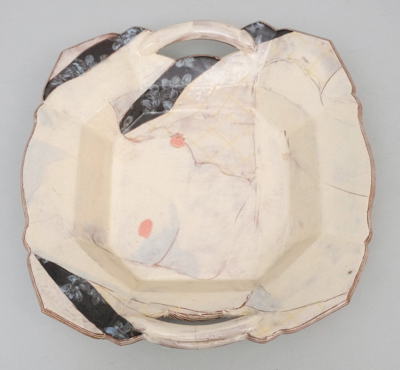 Ceramic Art Pottery Nude Bowl Signed Franz: Studio art piece with handles, signed on verso. 17 1/2".