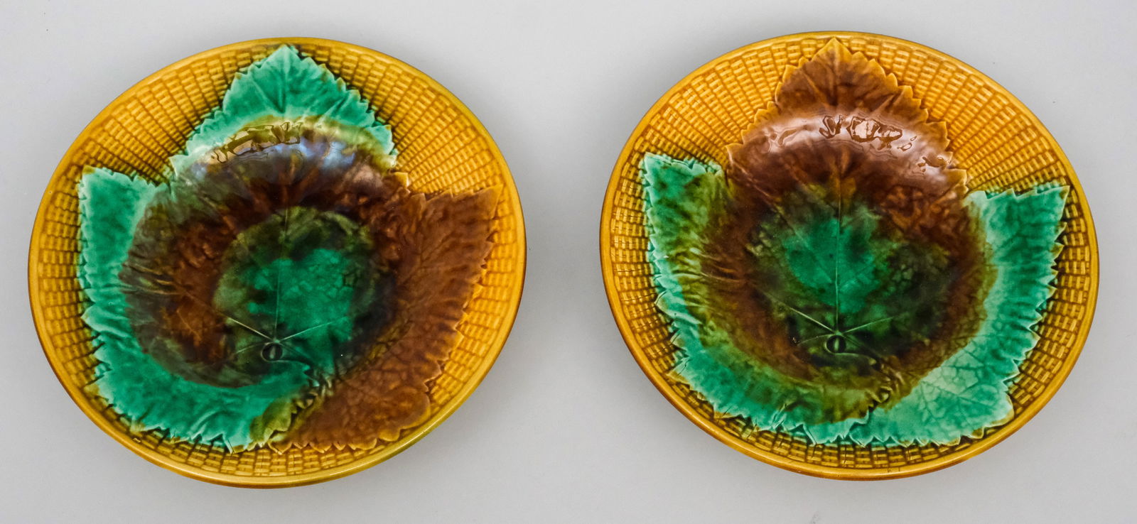 Pair Antique Majolica Leaf Decorated Cake Plates (1 of 4)
