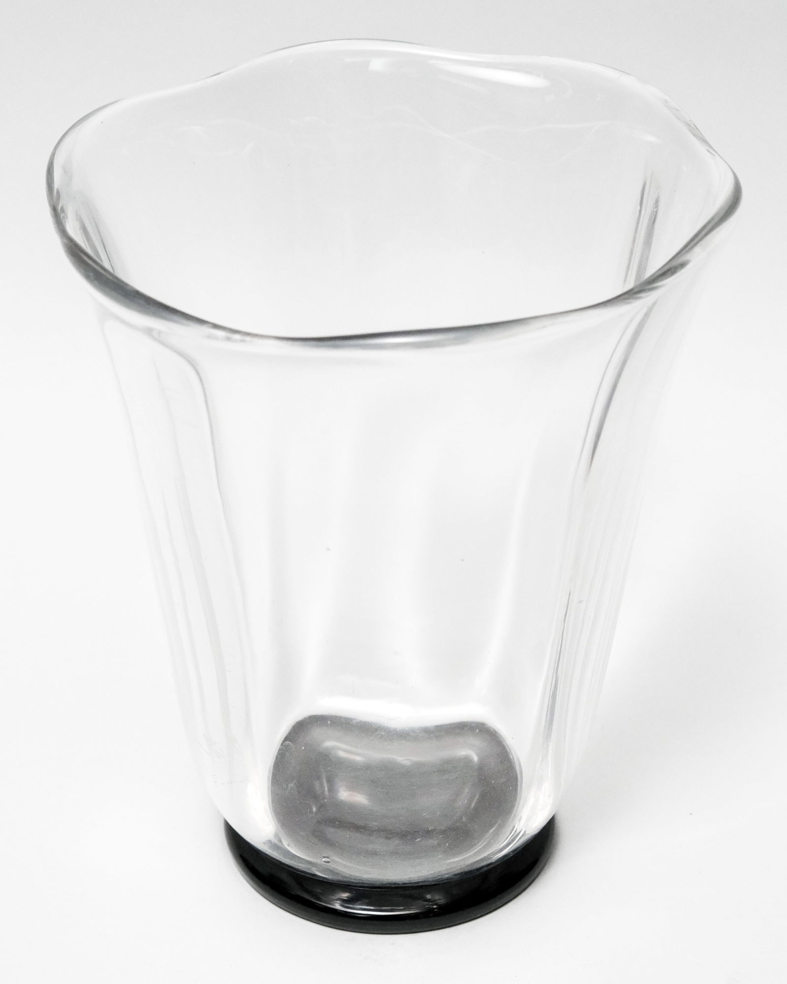 Orrefors Optical Art Glass Vase: Wavy body with black base. 7" x 8 1/8".
