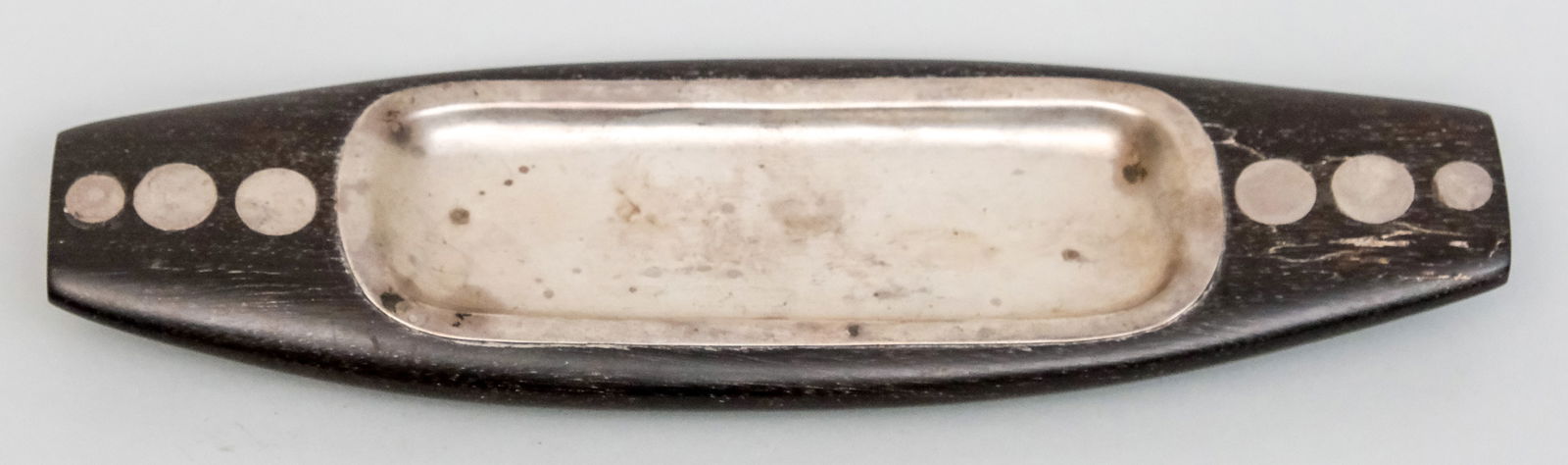 William Spratling Silver Butter Dish or Pen Tray: William Spratling designed with ebony and silver in iconic "Polka Dot" decor. Marked as shown. 9 7/8".