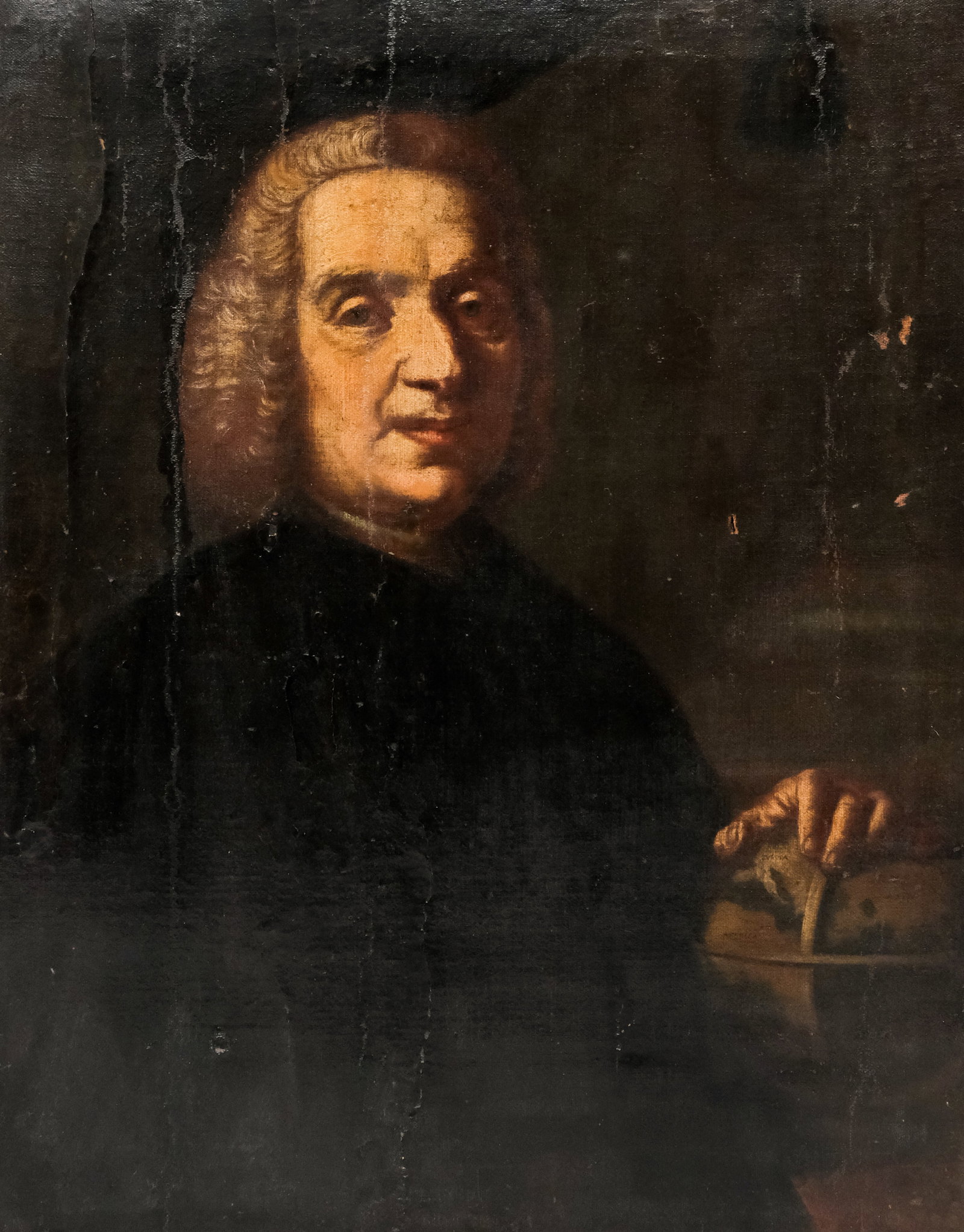 European School, Portrait of a Medici: European, possibly 17th century, oil on canvas depicting a man with his hand on the globe, label verso suggests he is one of the Medici, 29 1/2" x 37" canvas, unframed.