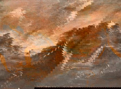 Italian School, Arcadian Landscape: Italian, 18th century or earlier, oil on canvas depicting figures and ruins along a shoreline, 27 1/2" x 38" canvas, unframed.