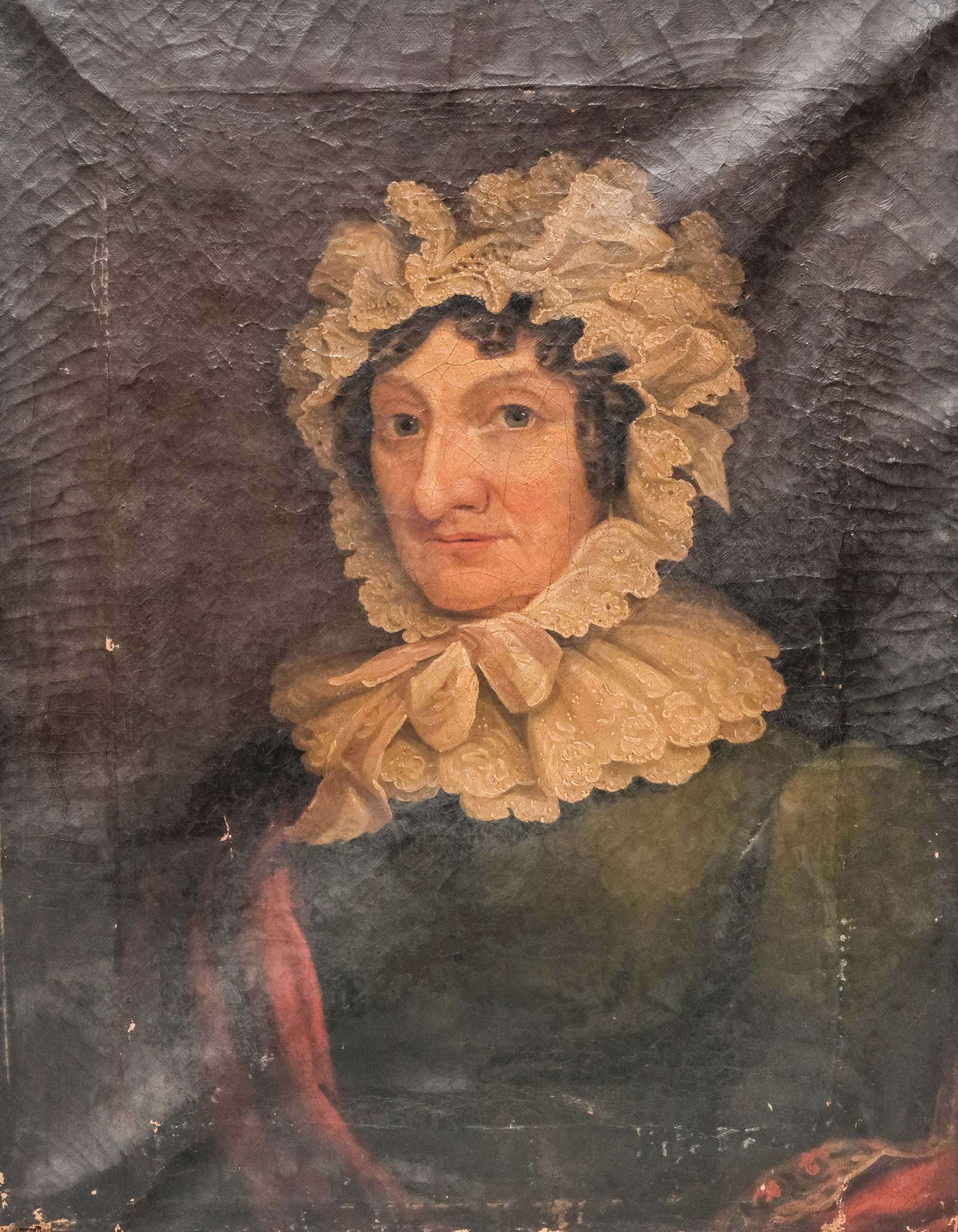 American School, Portrait of a Lady: American, ca. 1840, oil on canvas depicting a young woman with elaborate collar and bonnet, 23 1/2" x 30" canvas, unframed.