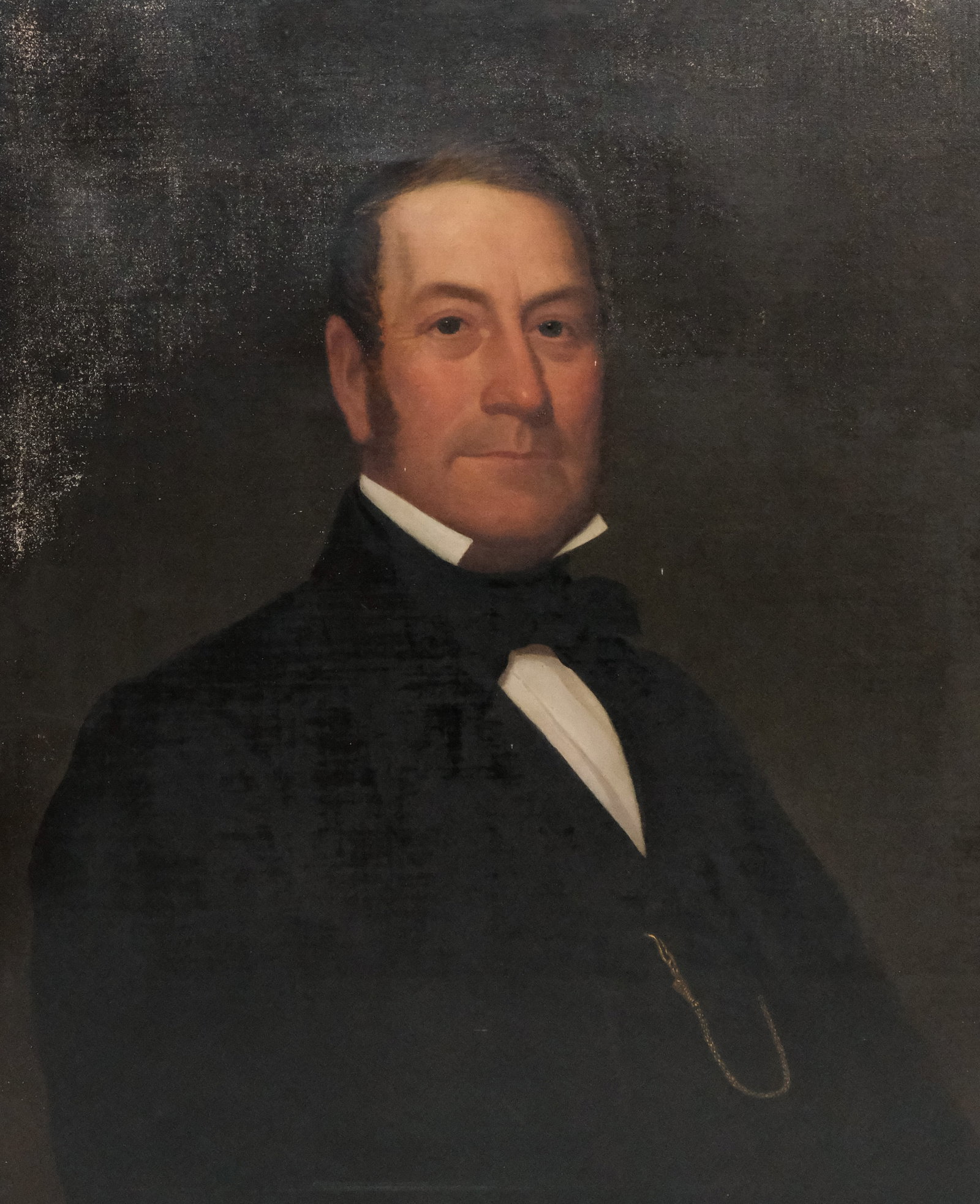 American School, Portrait of a Gentleman: American, ca. 1840, oil on canvas portrait of a gentleman with a pleasant expression and watch fob, 25 1/4" x 30 1/4" canvas, unframed.