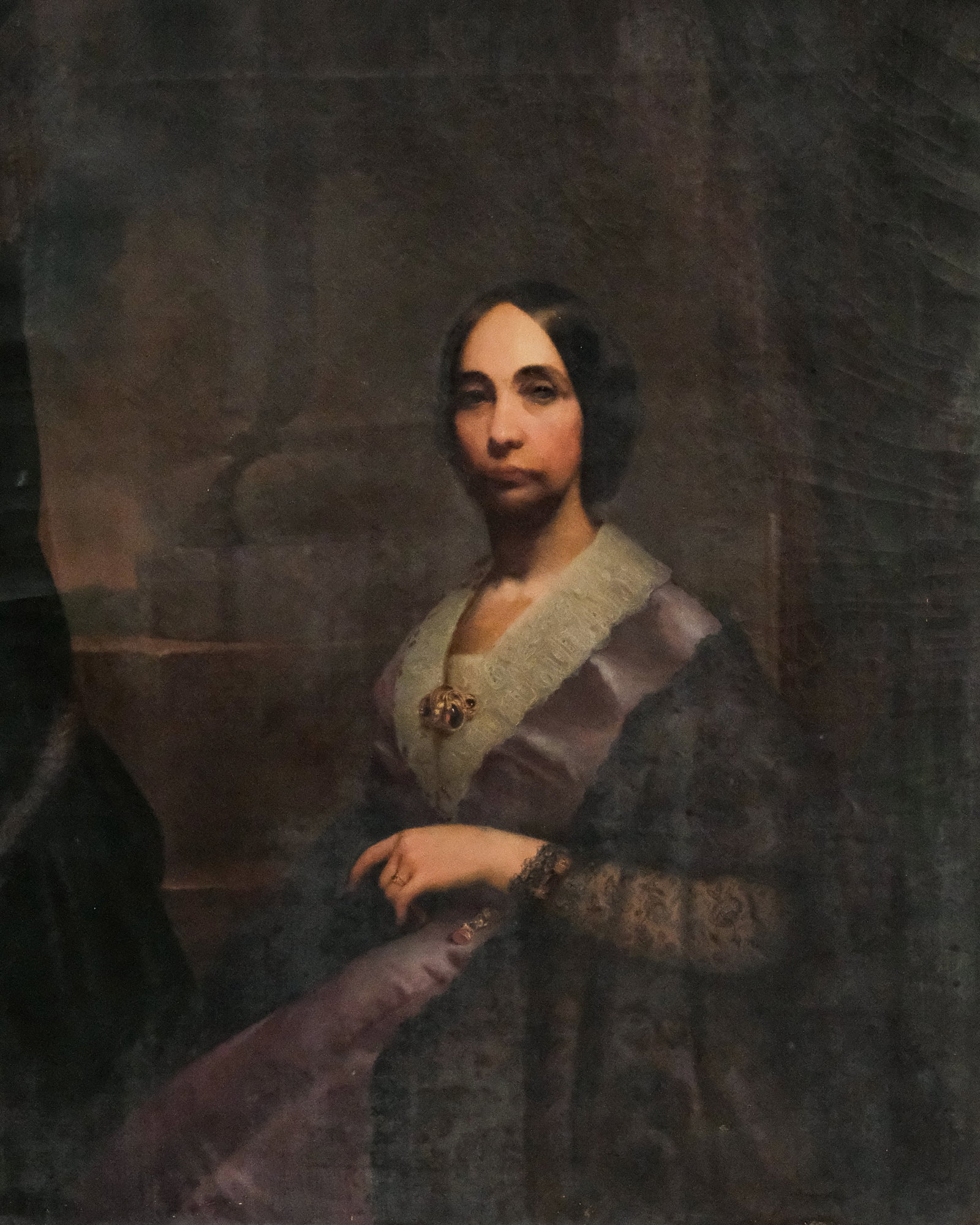 American School, Portrait of a Lady: American, ca. 1850, oil on canvas portrait of a lady with impressive gold jewelry and classical columns in the background, Philadelphia canvas stamp verso, no apparent signature, 34 1/2" x 42" canvas,